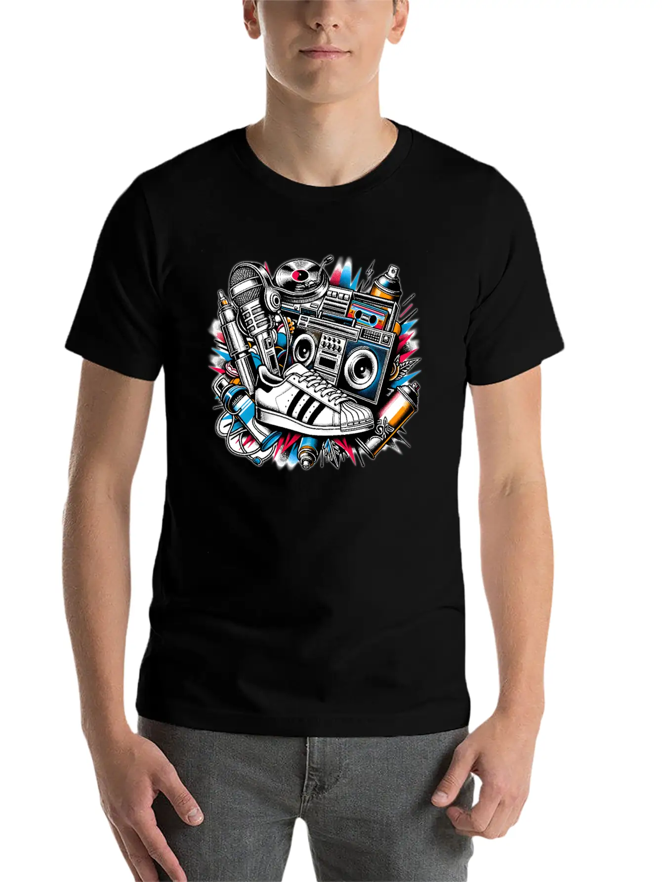 AI 1980s Hip Hop Collage Stylish Everyday T-Shirt – Unisex Basic Cotton Tee