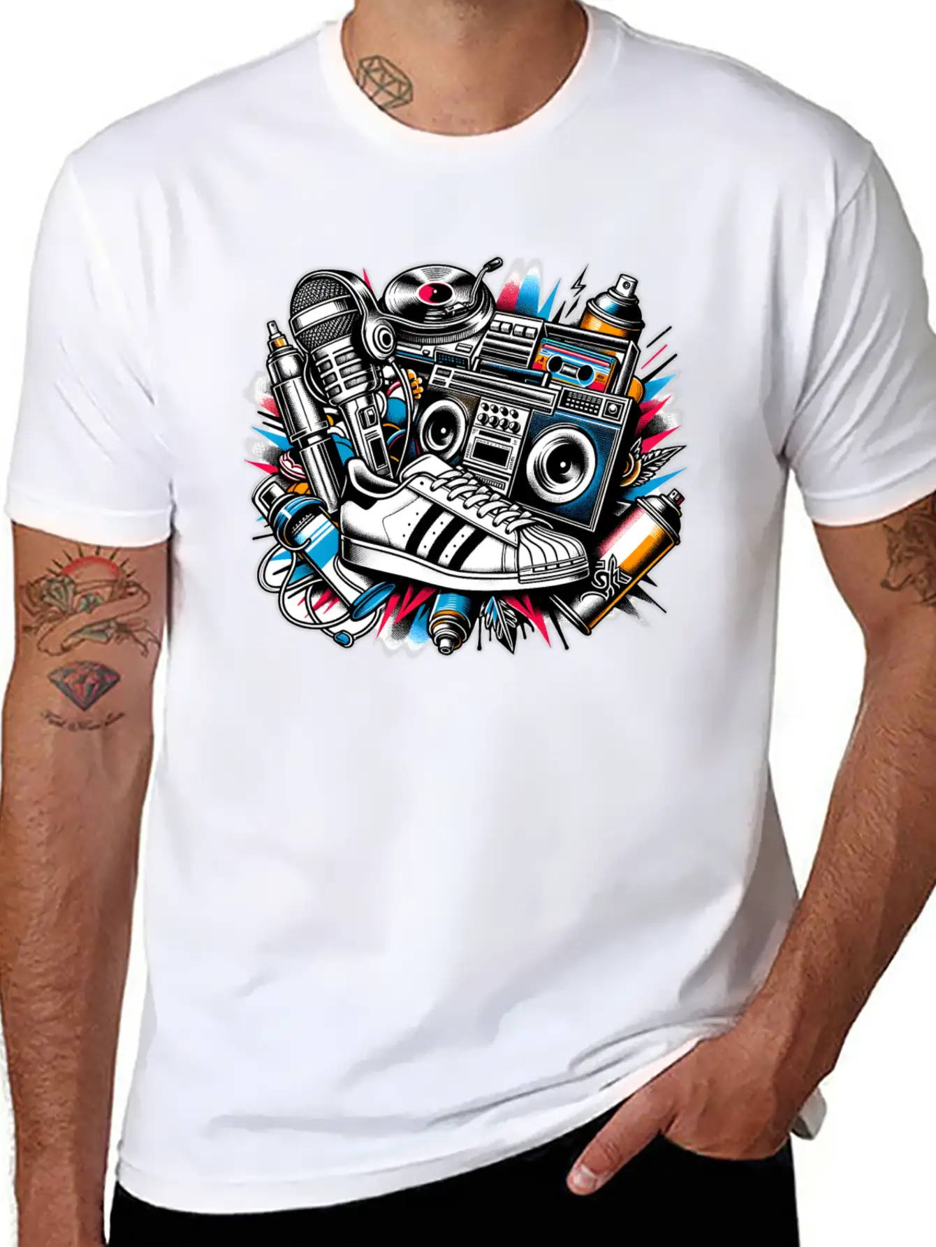 AI 1980s Hip Hop Collage Stylish Everyday T-Shirt – Unisex Basic Cotton Tee