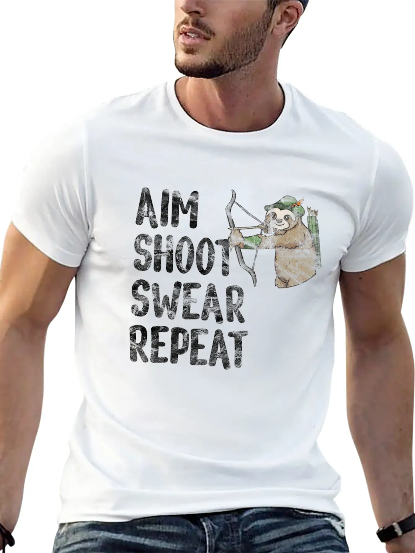 Aim Shoot Swear Repeat Sloth Bow Archery Basic Graphic T-Shirt – Daily Comfort In Soft Cotton