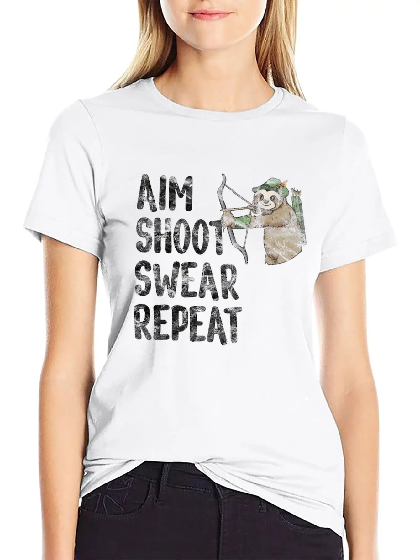 Aim Shoot Swear Repeat Sloth Bow Archery Basic Graphic T-Shirt – Daily Comfort In Soft Cotton