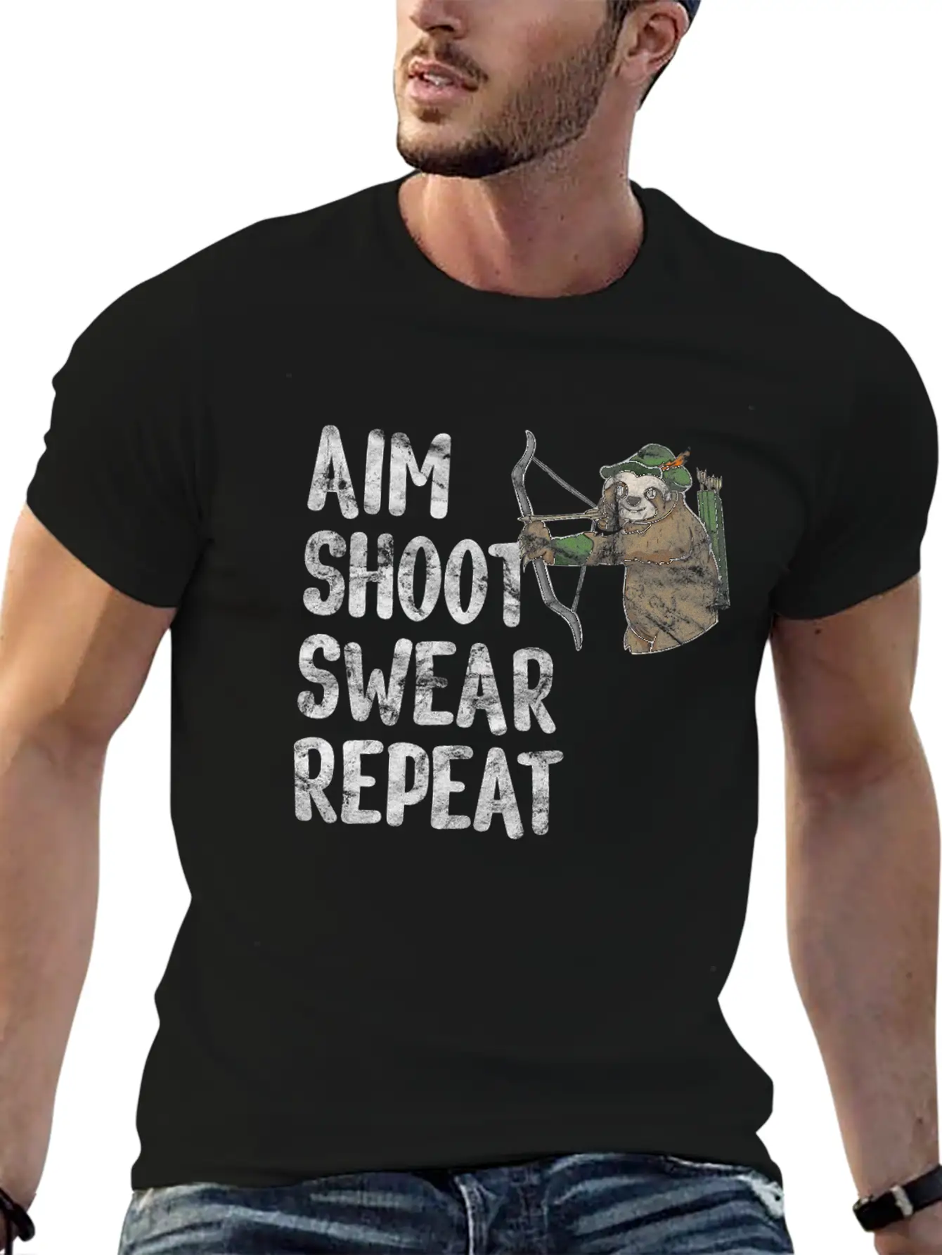 Aim Shoot Swear Repeat Sloth Bow Archery Basic Graphic T-Shirt – Daily Comfort In Soft Cotton