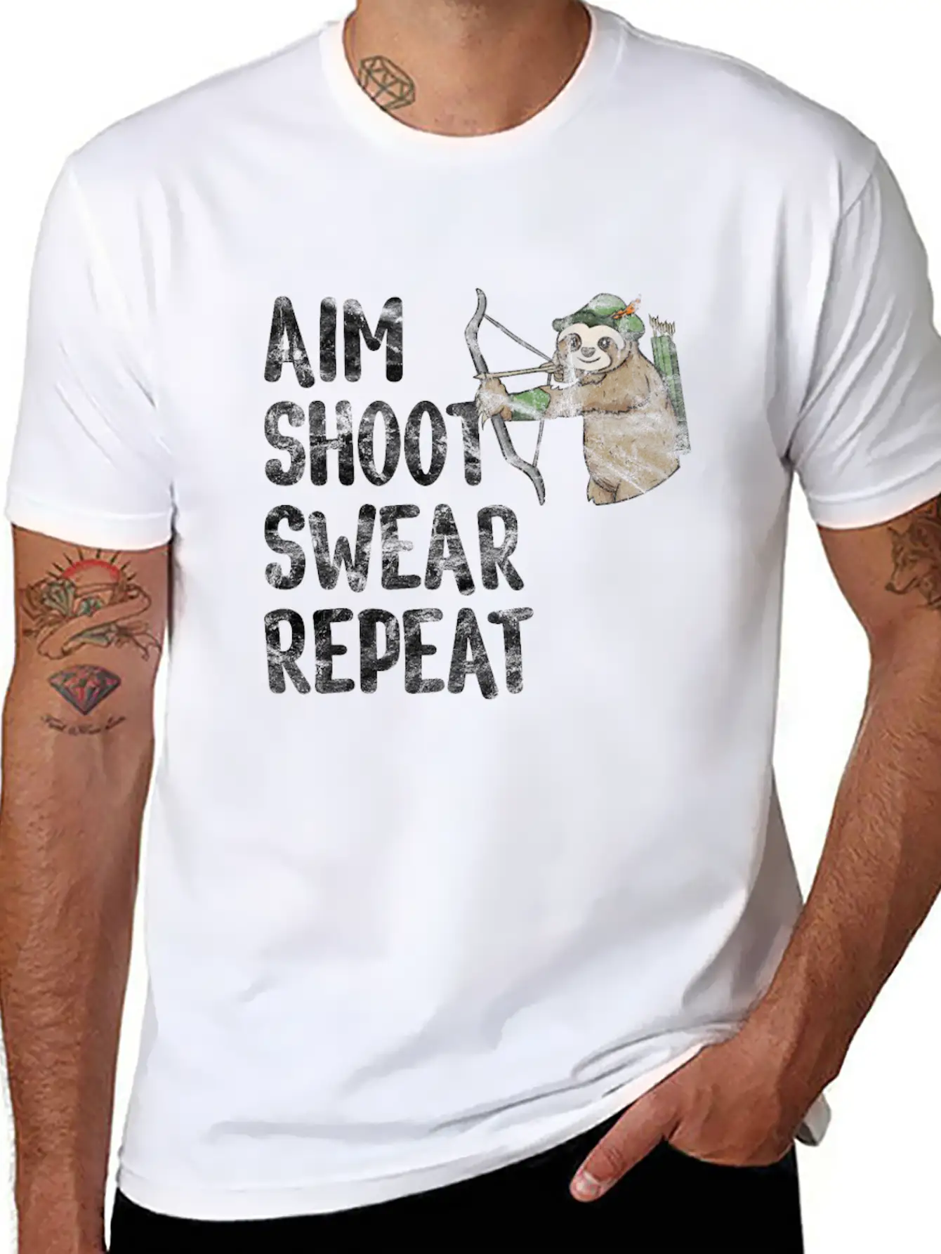 Aim Shoot Swear Repeat Sloth Bow Archery Basic Graphic T-Shirt – Daily Comfort In Soft Cotton