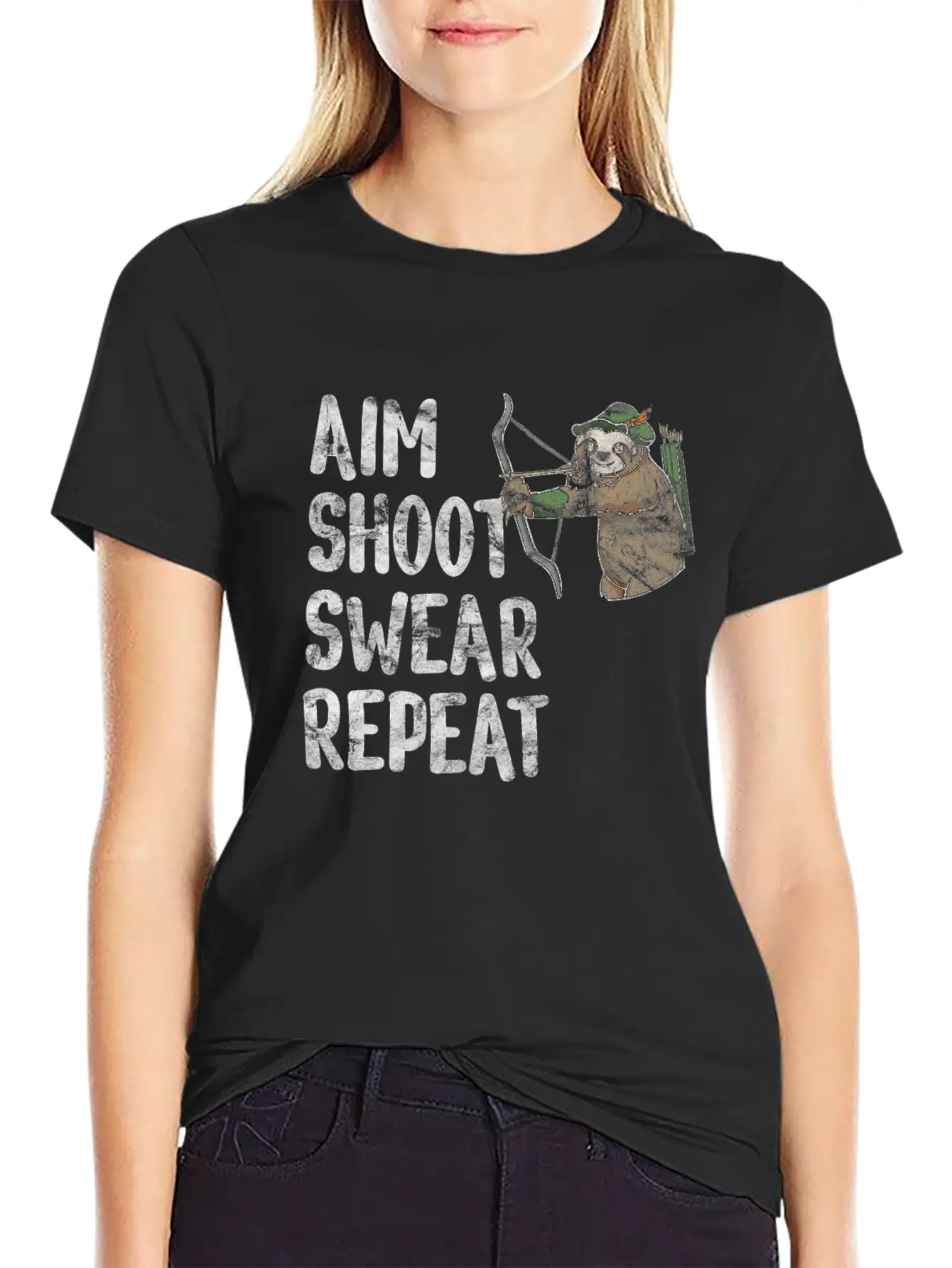 Aim Shoot Swear Repeat Sloth Bow Archery Basic Graphic T-Shirt – Daily Comfort In Soft Cotton