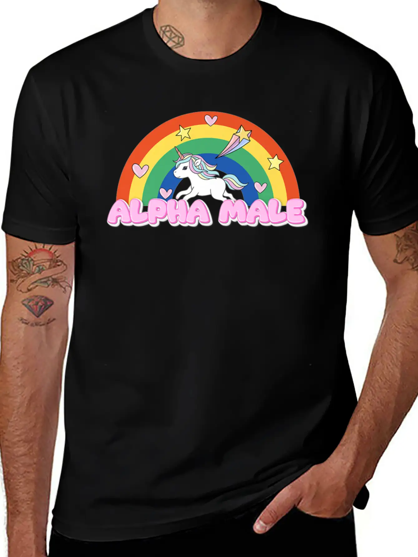 Alpha Male Funny Rainbow Unicorn Unisex Short Sleeve Soft Cotton T-Shirt – Casual Everyday Wear