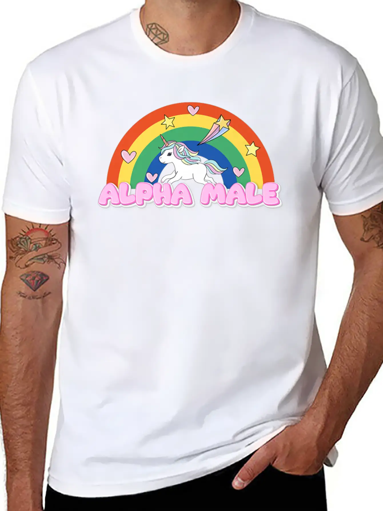 Alpha Male Funny Rainbow Unicorn Unisex Short Sleeve Soft Cotton T-Shirt – Casual Everyday Wear