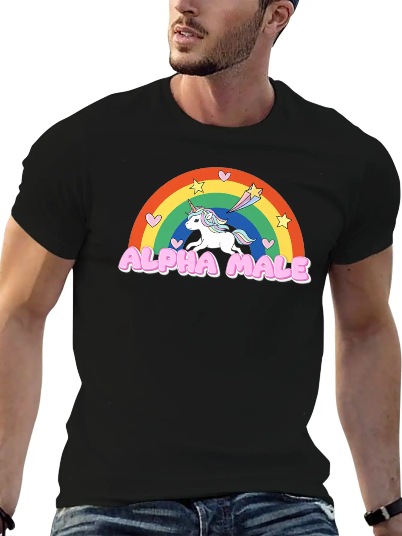Alpha Male Funny Rainbow Unicorn Unisex Short Sleeve Soft Cotton T-Shirt – Casual Everyday Wear