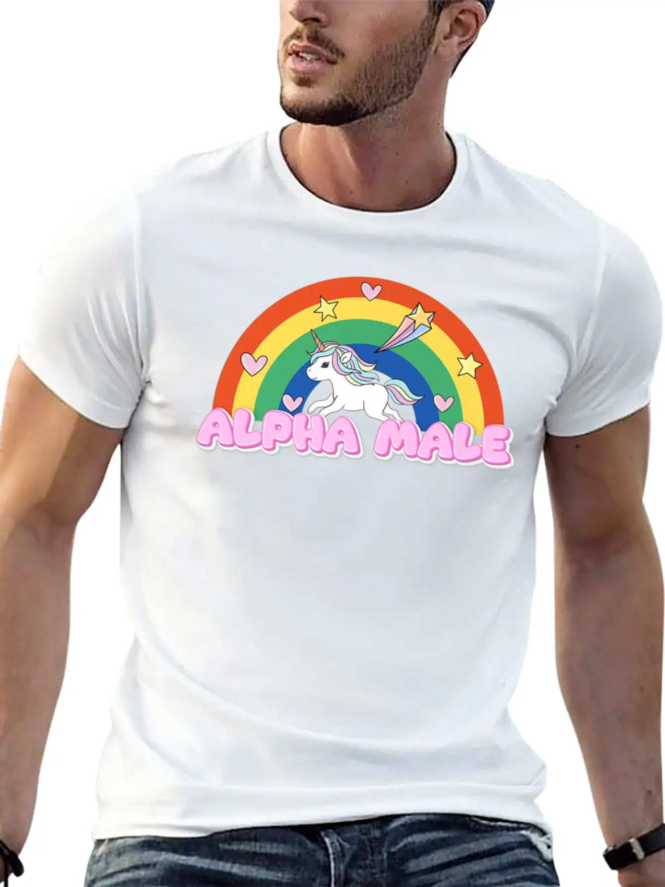 Alpha Male Funny Rainbow Unicorn Unisex Short Sleeve Soft Cotton T-Shirt – Casual Everyday Wear