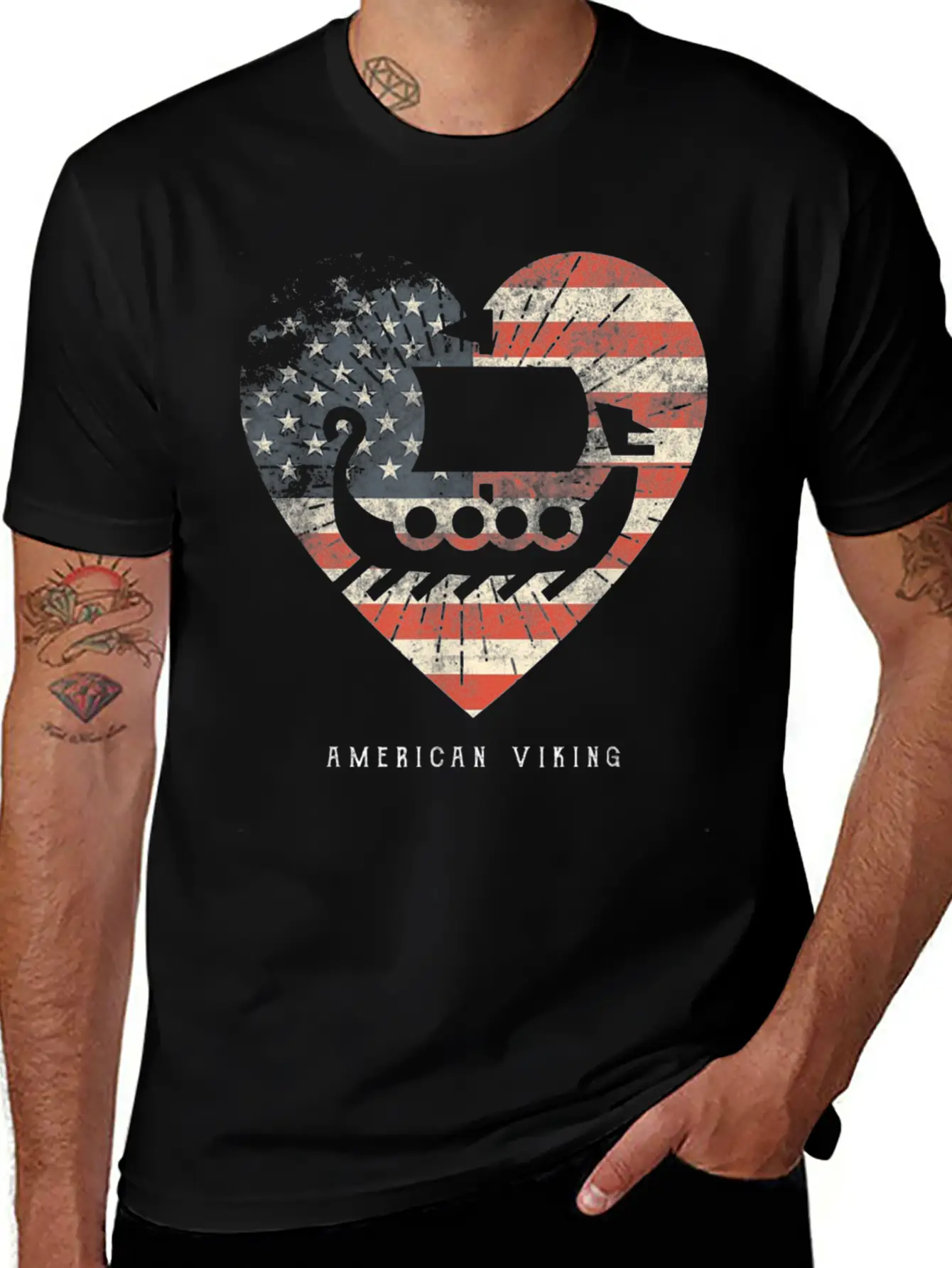 American Flag Viking Boat Stylish Everyday T-Shirt – Unisex Basic Cotton Tee