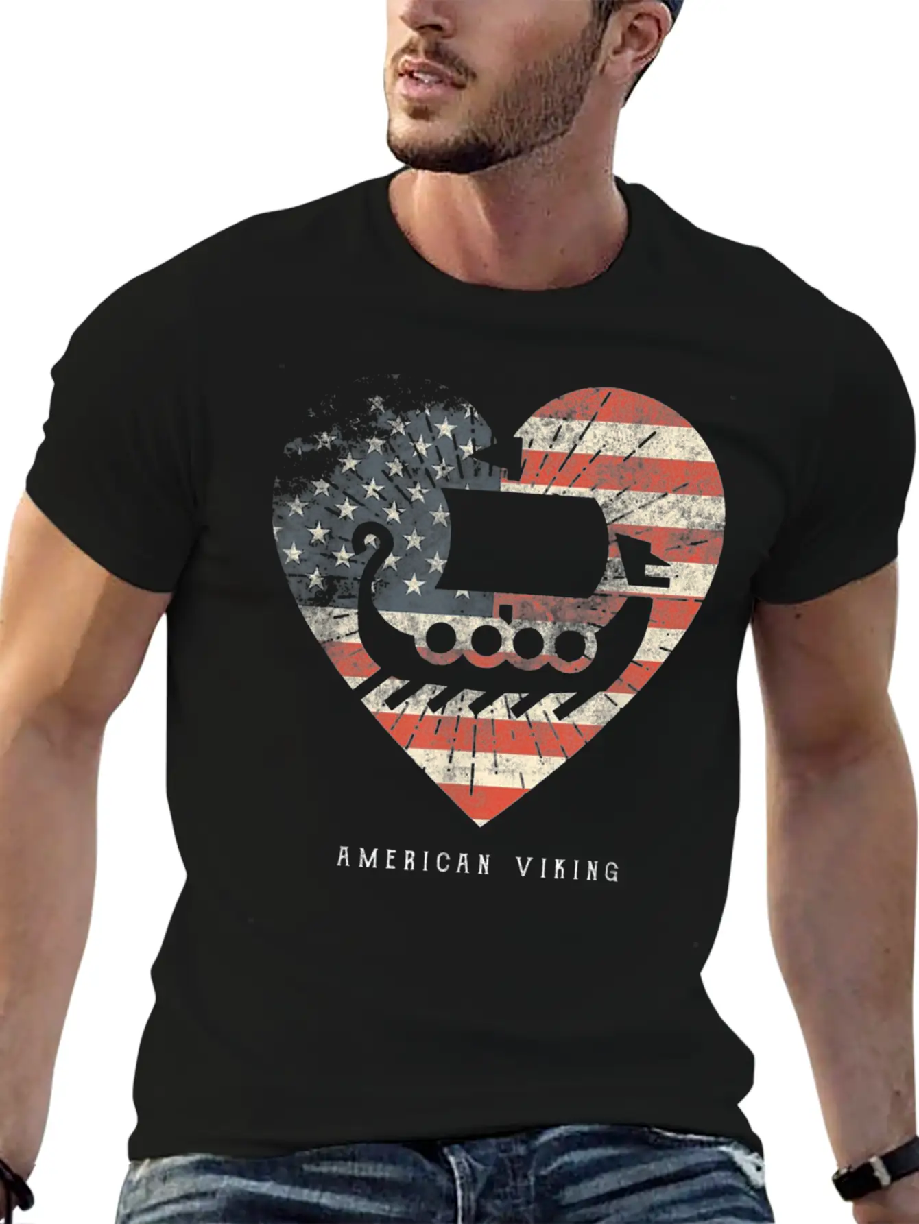 American Flag Viking Boat Stylish Everyday T-Shirt – Unisex Basic Cotton Tee