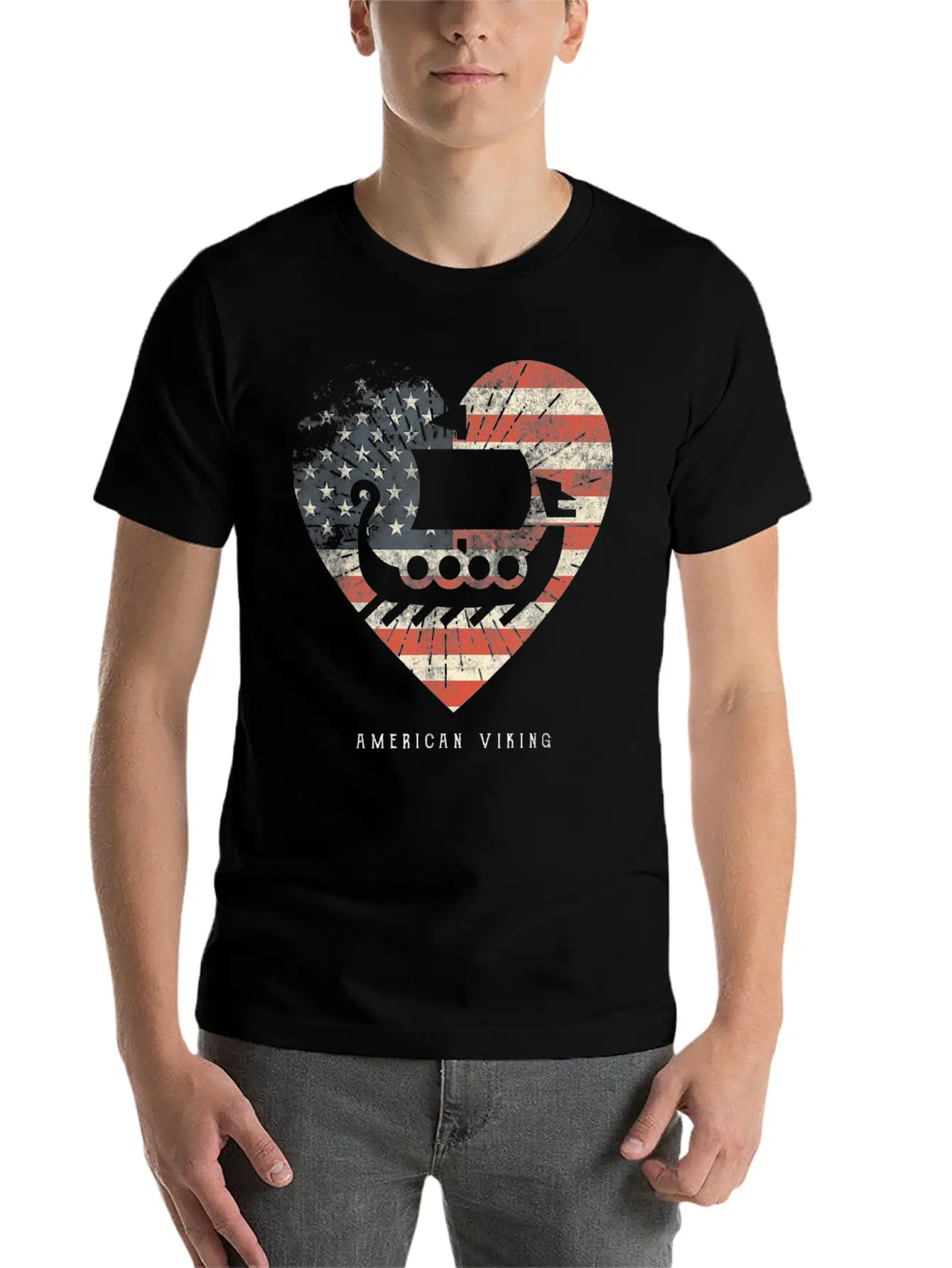 American Flag Viking Boat Stylish Everyday T-Shirt – Unisex Basic Cotton Tee
