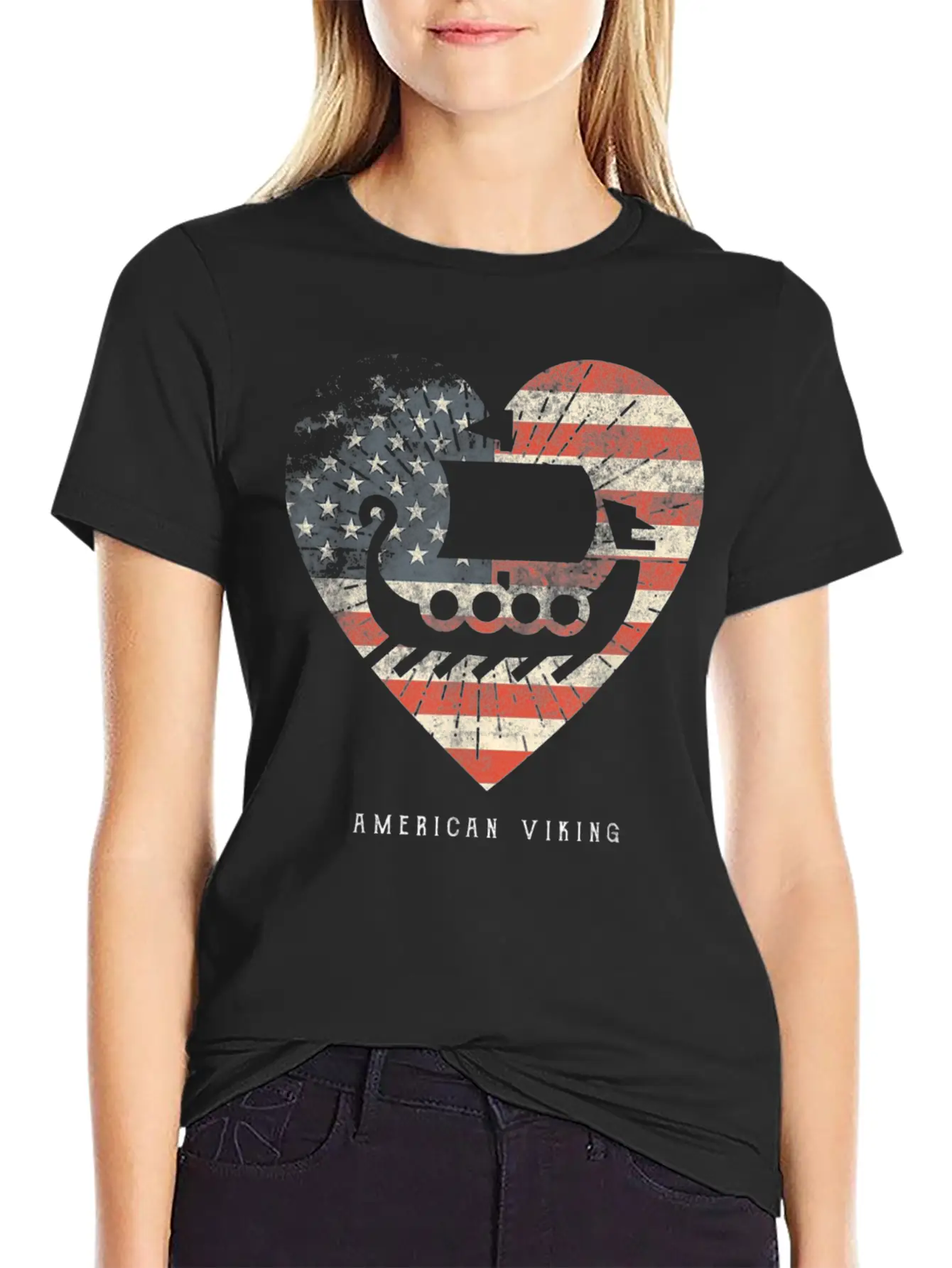 American Flag Viking Boat Stylish Everyday T-Shirt – Unisex Basic Cotton Tee