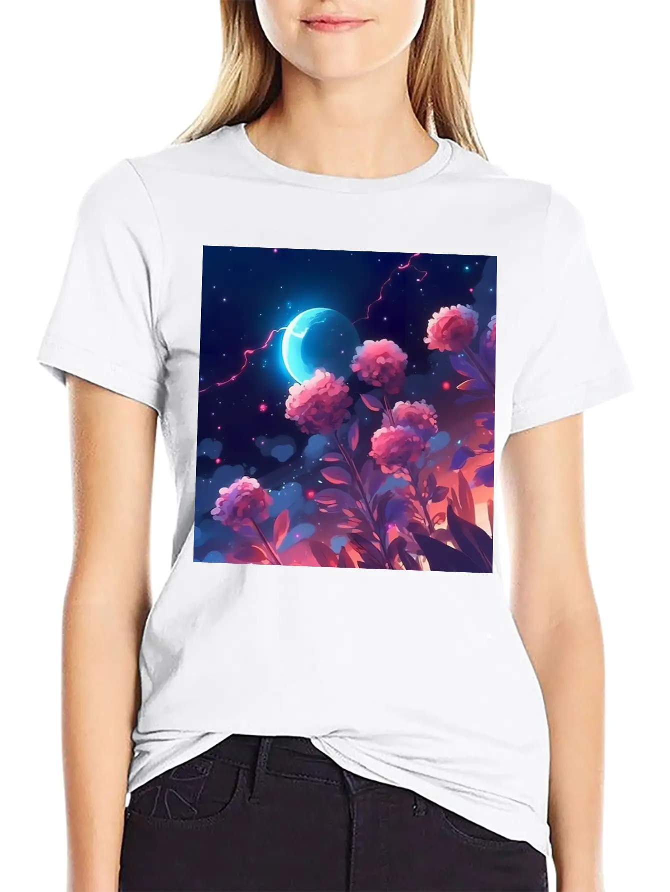Anime Rose Night Comfortable Minimalist Graphic Tee – Summer Style Essential