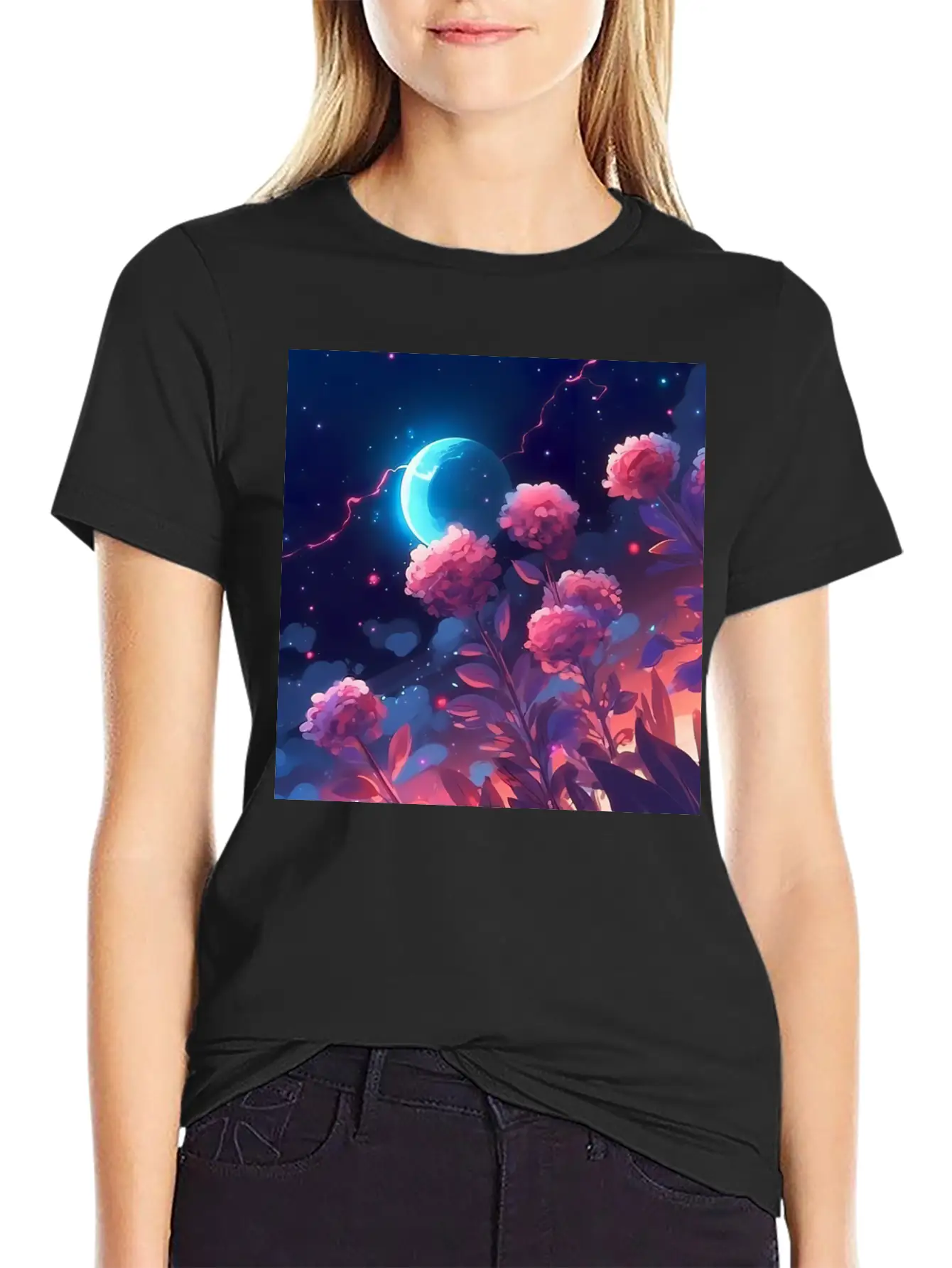 Anime Rose Night Comfortable Minimalist Graphic Tee – Summer Style Essential
