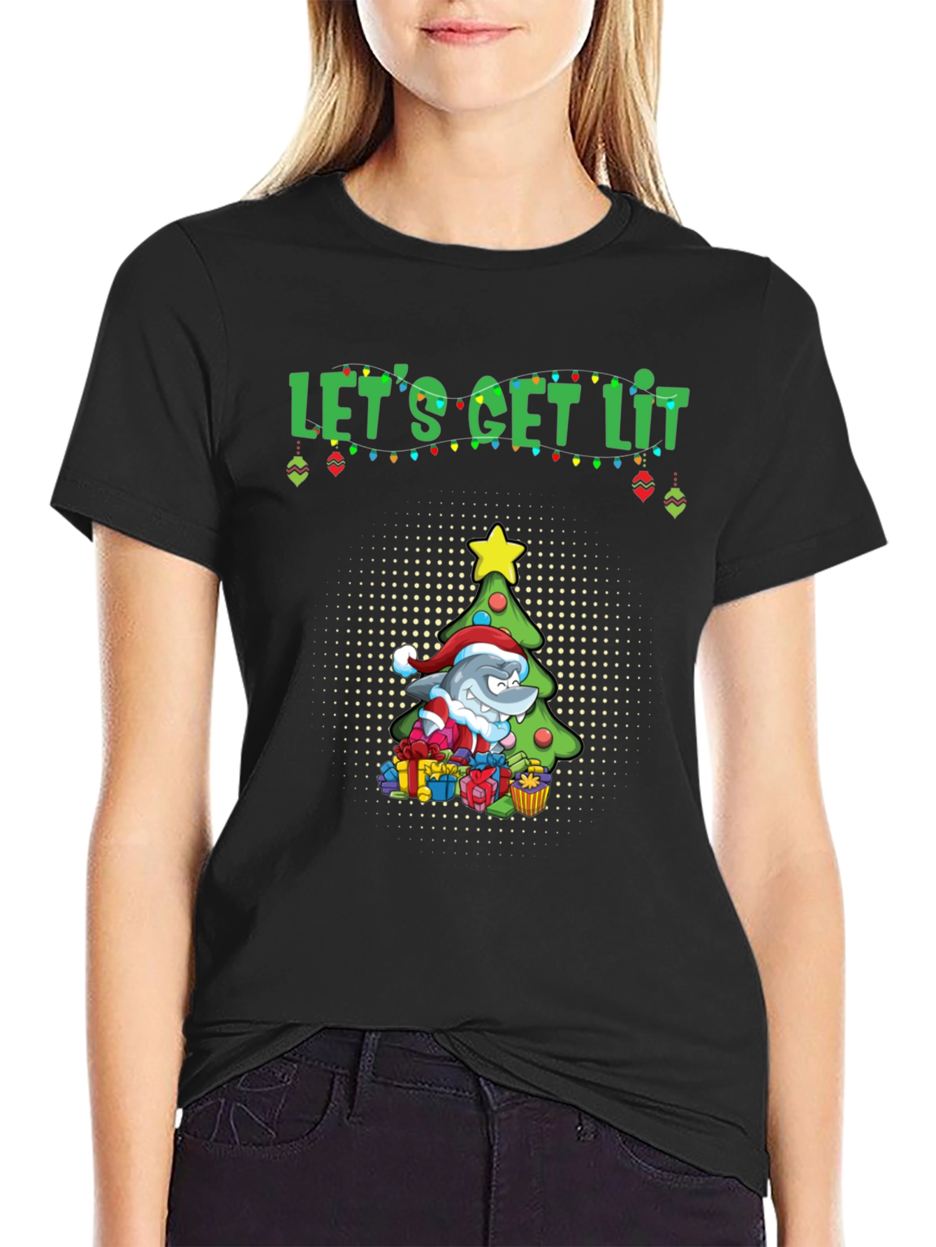 Lets Get Lit Christmas Shark Graphic Tee