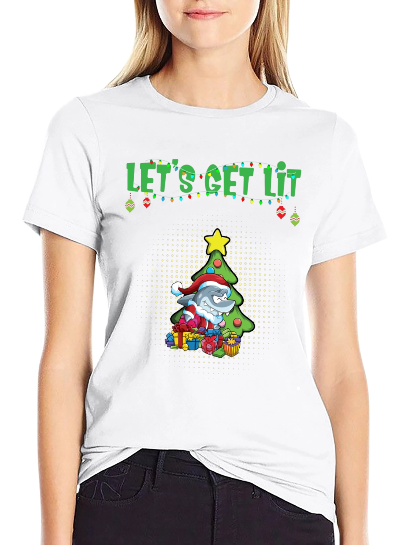 Lets Get Lit Christmas Shark Graphic Tee