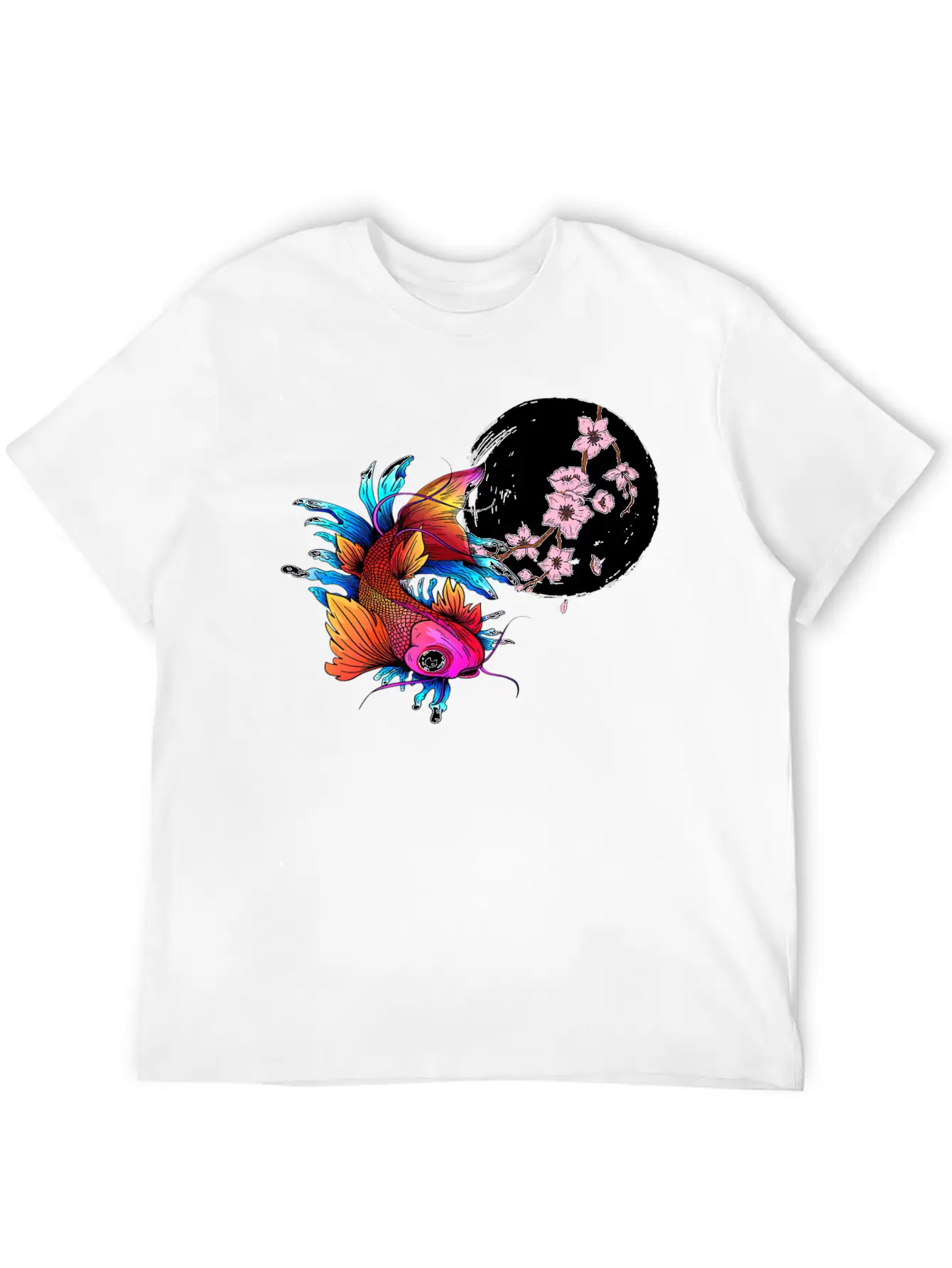 Asian Carp Koi Japanese Fish Cherry Blossom Flower Unisex Short Sleeve Soft Cotton T-Shirt – Casual Everyday Wear