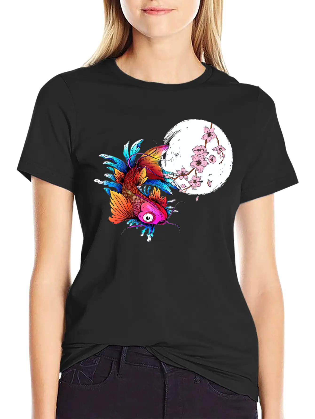 Asian Carp Koi Japanese Fish Cherry Blossom Flower Unisex Short Sleeve Soft Cotton T-Shirt – Casual Everyday Wear