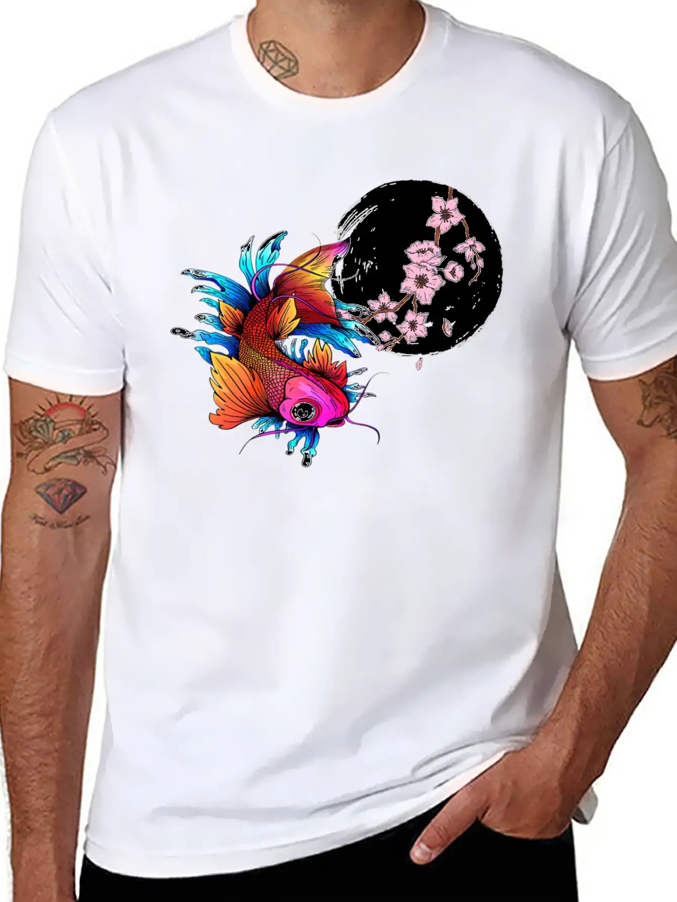 Asian Carp Koi Japanese Fish Cherry Blossom Flower Unisex Short Sleeve Soft Cotton T-Shirt – Casual Everyday Wear