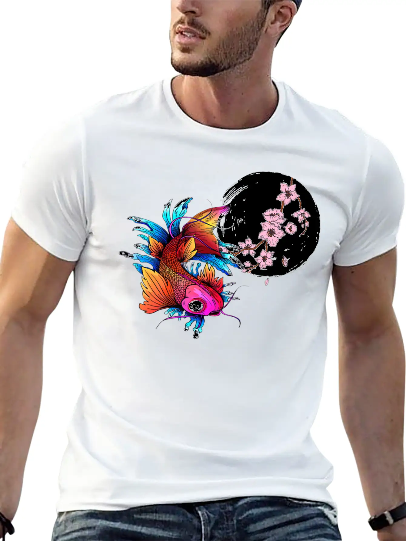 Asian Carp Koi Japanese Fish Cherry Blossom Flower Unisex Short Sleeve Soft Cotton T-Shirt – Casual Everyday Wear