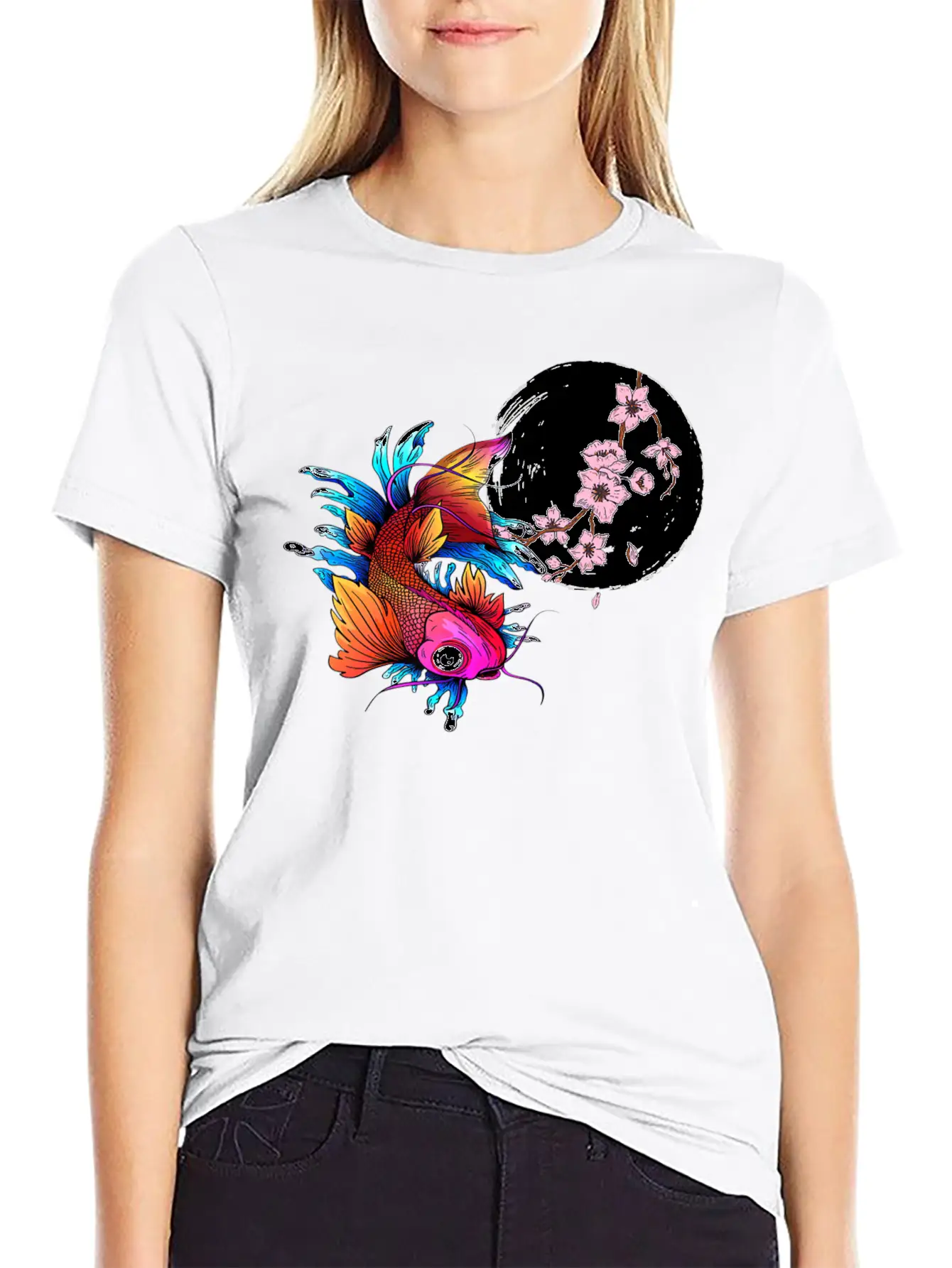 Asian Carp Koi Japanese Fish Cherry Blossom Flower Unisex Short Sleeve Soft Cotton T-Shirt – Casual Everyday Wear