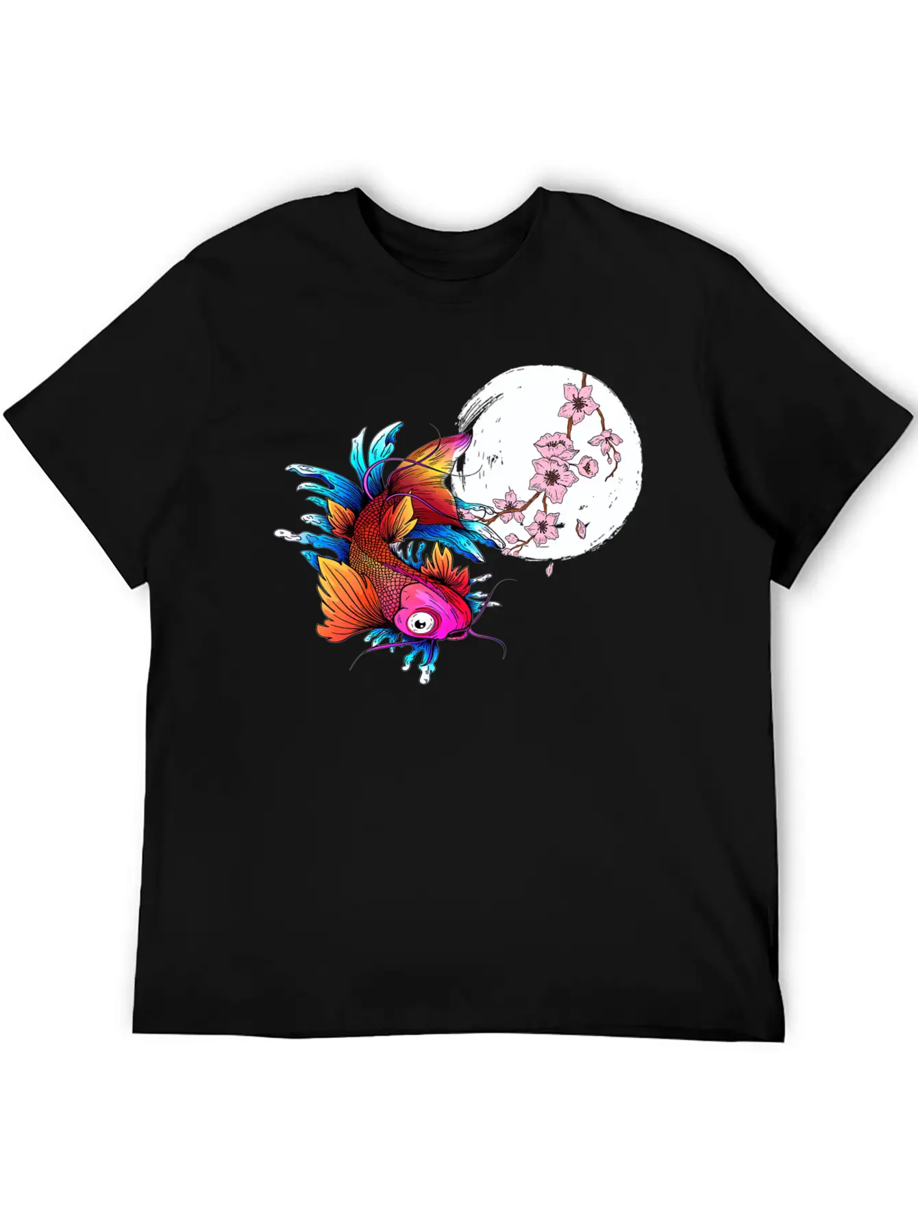 Asian Carp Koi Japanese Fish Cherry Blossom Flower Unisex Short Sleeve Soft Cotton T-Shirt – Casual Everyday Wear