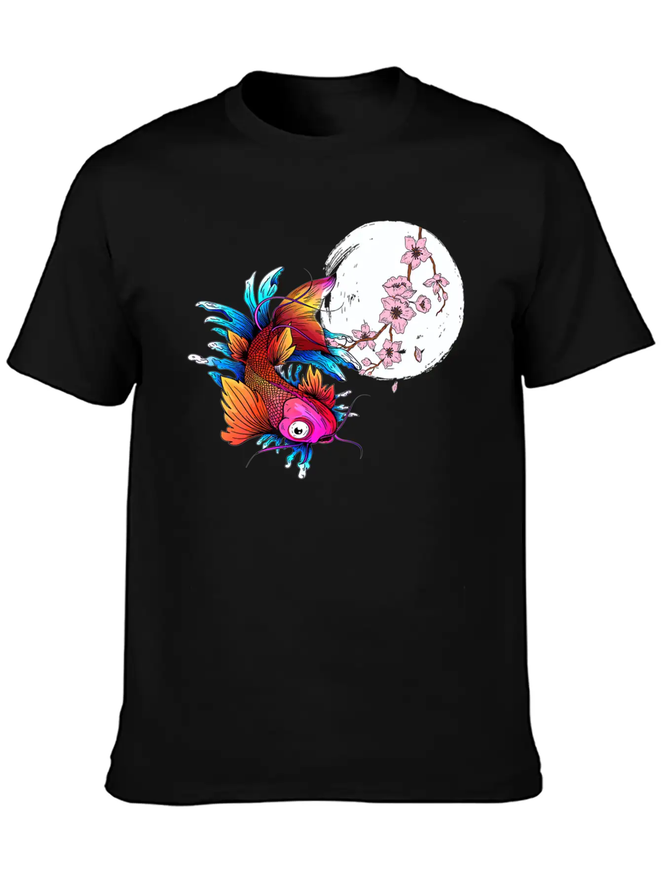 Asian Carp Koi Japanese Fish Cherry Blossom Flower Unisex Short Sleeve Soft Cotton T-Shirt – Casual Everyday Wear