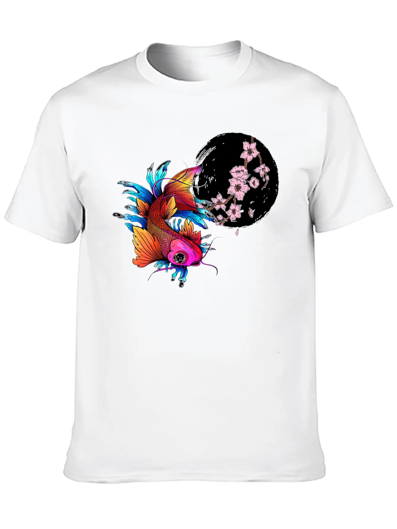Asian Carp Koi Japanese Fish Cherry Blossom Flower Unisex Short Sleeve Soft Cotton T-Shirt – Casual Everyday Wear