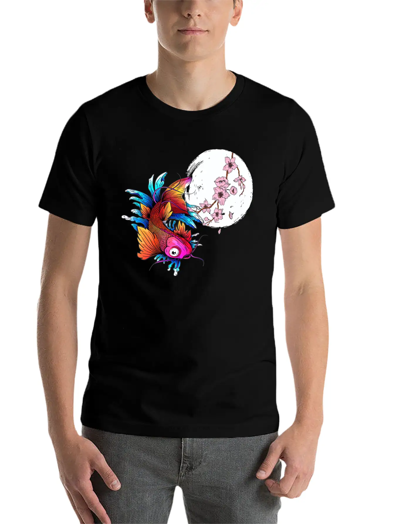Asian Carp Koi Japanese Fish Cherry Blossom Flower Unisex Short Sleeve Soft Cotton T-Shirt – Casual Everyday Wear