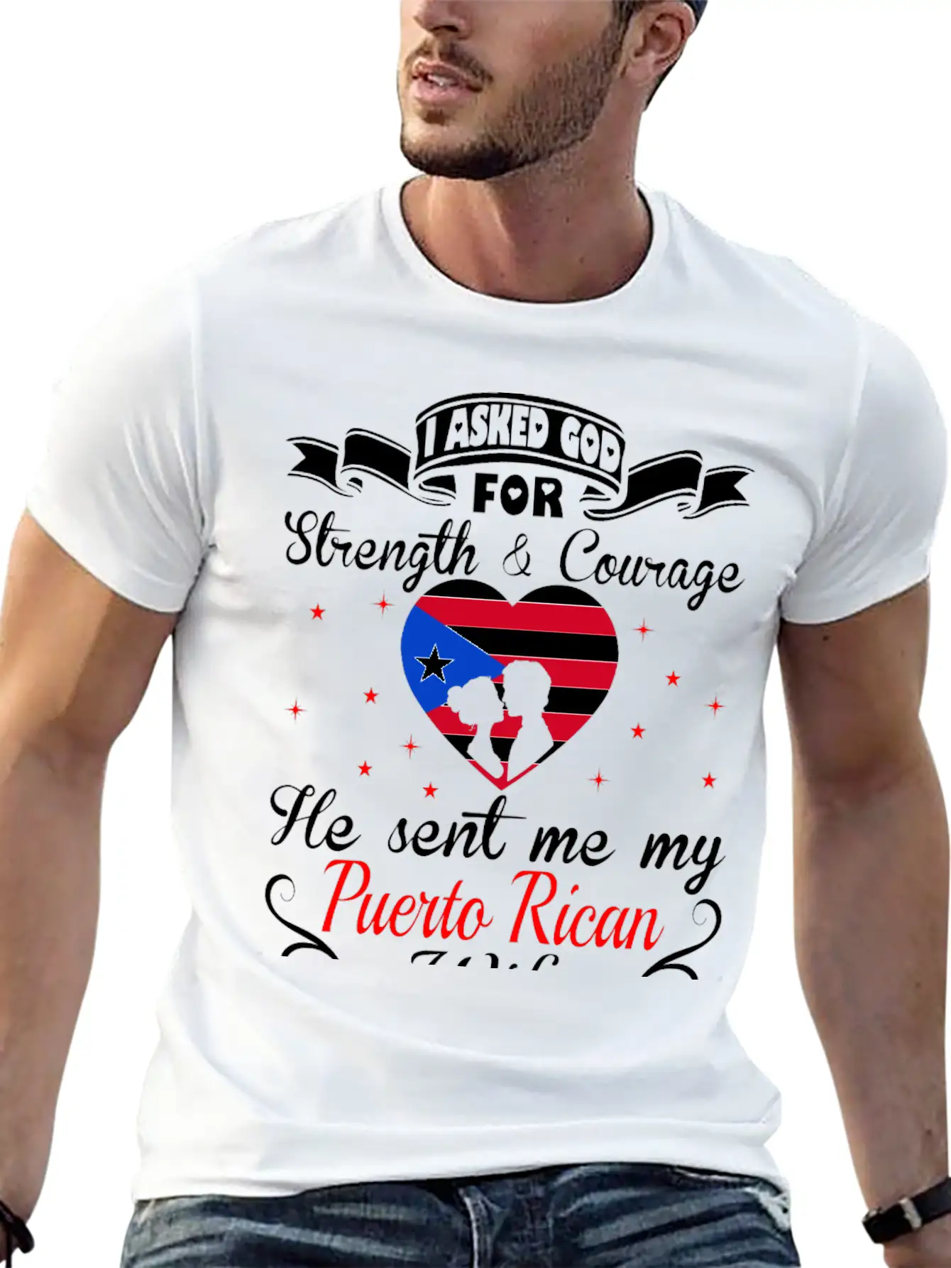 Asked God Strength Courage Sent Puerto Rican Wife Comfortable Minimalist Graphic Tee – Summer Style Essential