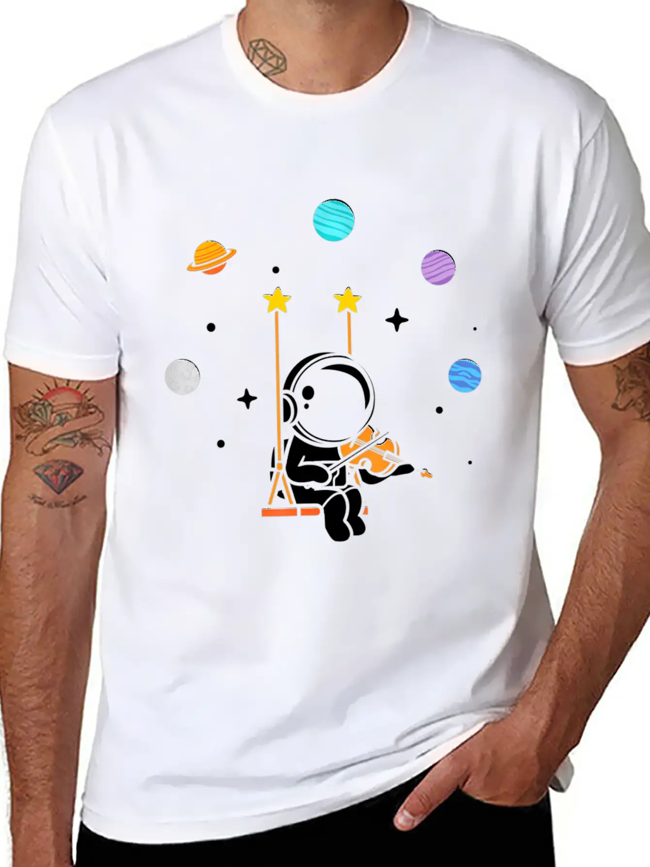 Astronaut Violin Player Violinist Viola Classical Unisex Short Sleeve Soft Cotton T-Shirt – Casual Everyday Wear