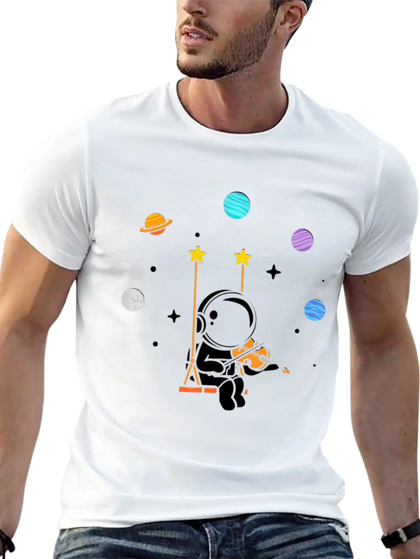 Astronaut Violin Player Violinist Viola Classical Unisex Short Sleeve Soft Cotton T-Shirt – Casual Everyday Wear