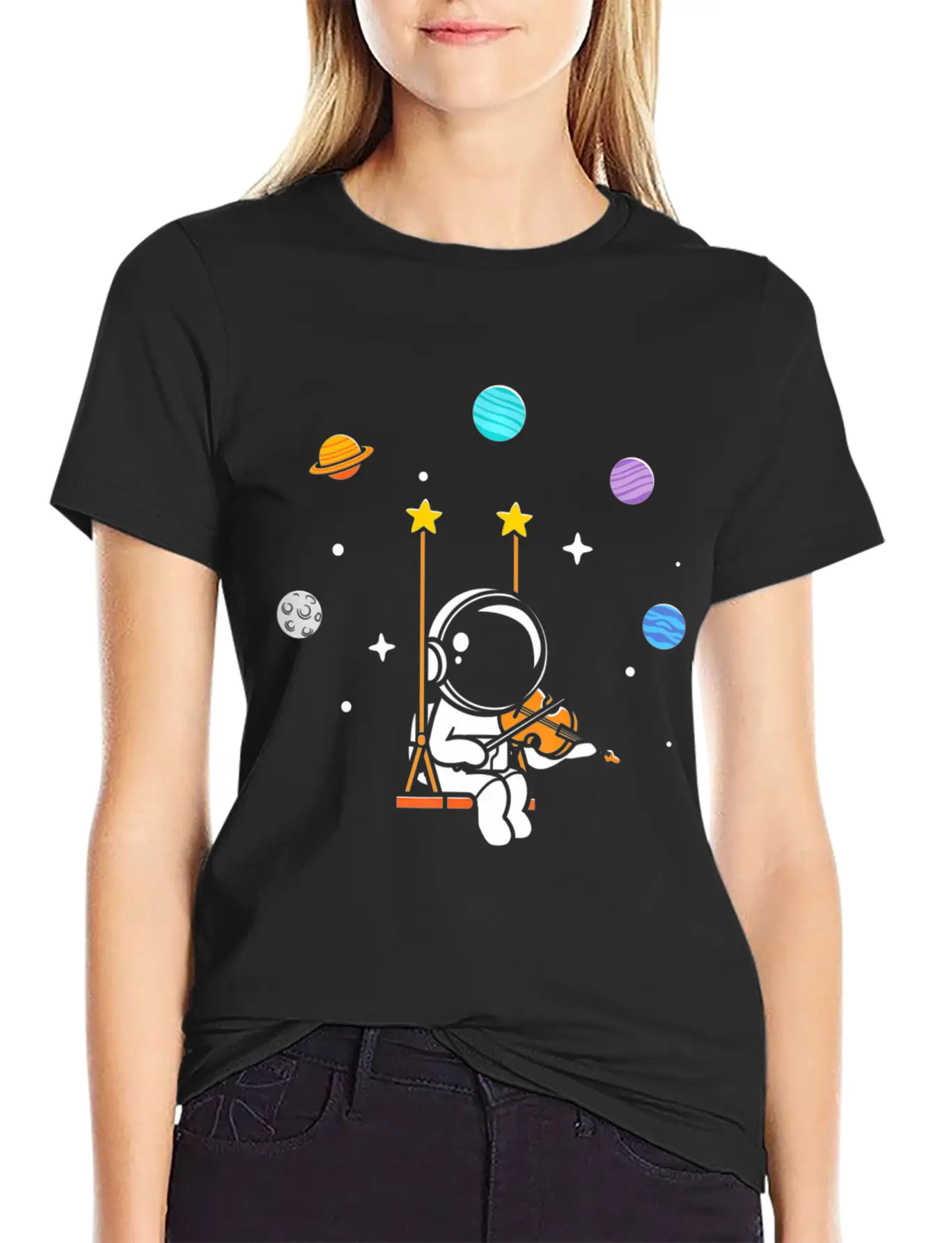 Astronaut Violin Player Violinist Viola Classical Unisex Short Sleeve Soft Cotton T-Shirt – Casual Everyday Wear