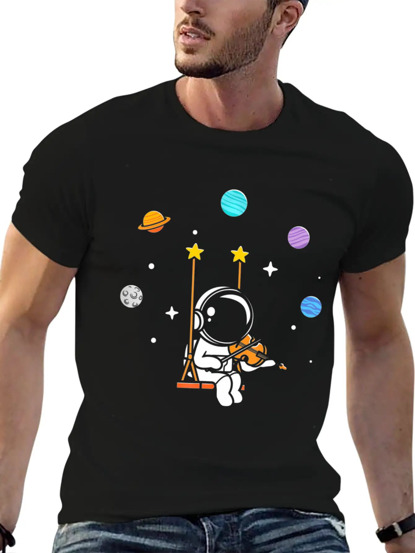 Astronaut Violin Player Violinist Viola Classical Unisex Short Sleeve Soft Cotton T-Shirt – Casual Everyday Wear