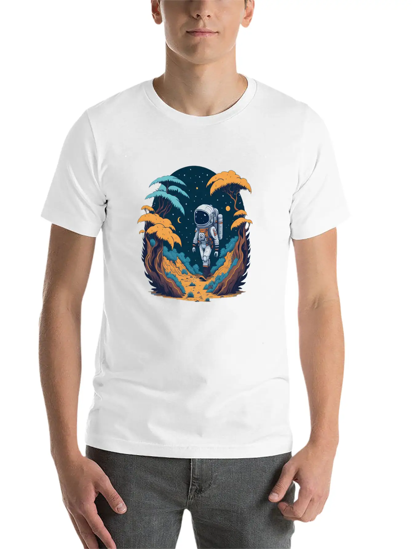 Astronaut Walking In The Jungle Basic Graphic T-Shirt – Daily Comfort In Soft Cotton