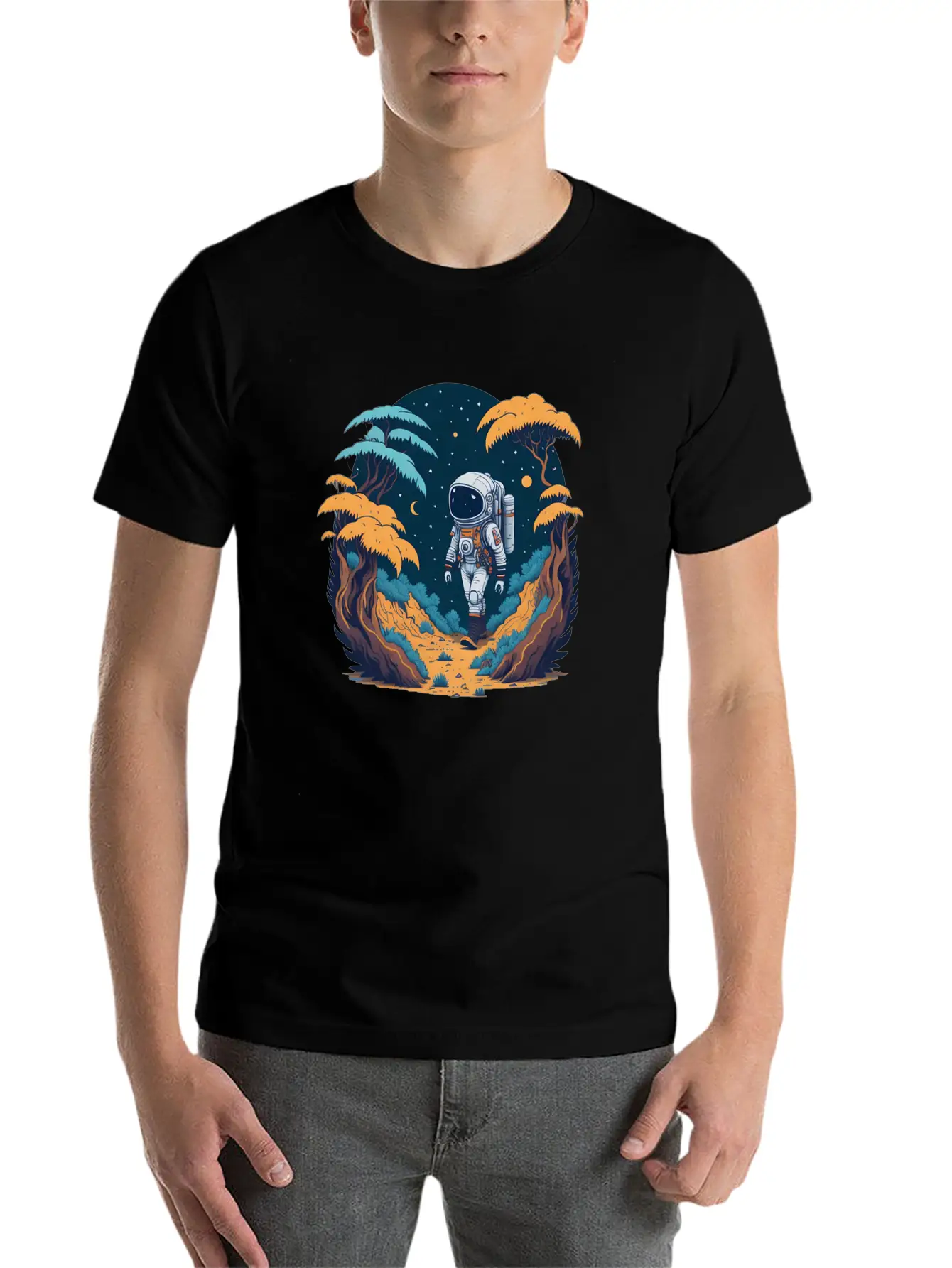 Astronaut Walking In The Jungle Basic Graphic T-Shirt – Daily Comfort In Soft Cotton