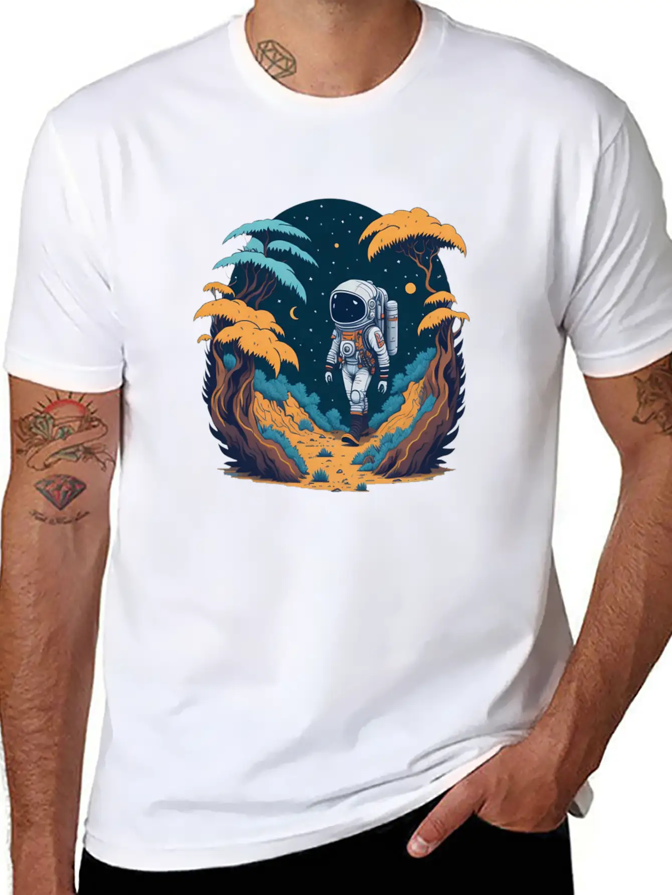 Astronaut Walking In The Jungle Basic Graphic T-Shirt – Daily Comfort In Soft Cotton