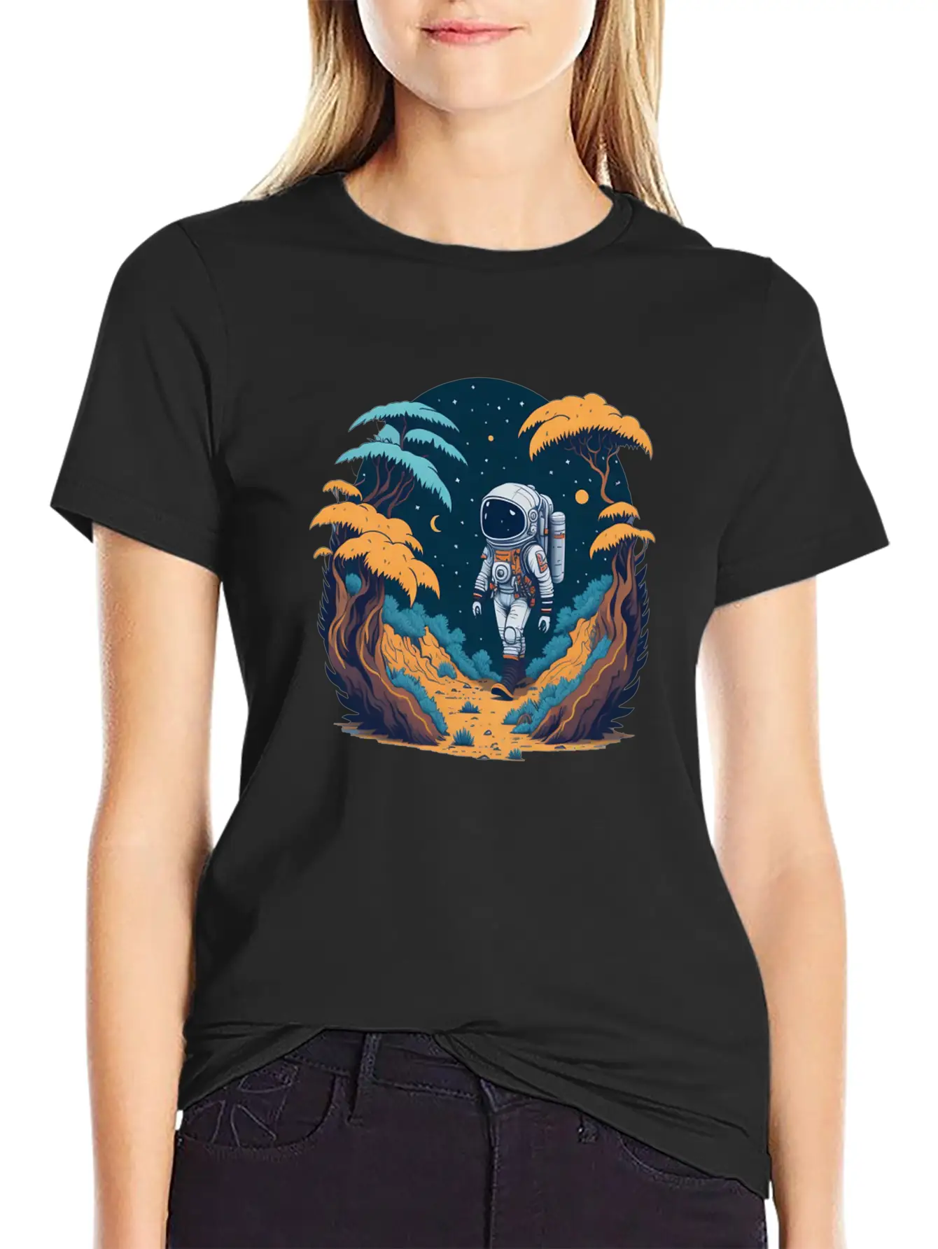 Astronaut Walking In The Jungle Basic Graphic T-Shirt – Daily Comfort In Soft Cotton