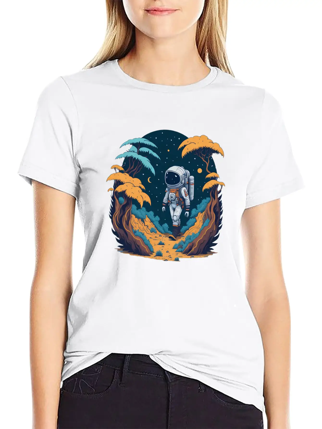 Astronaut Walking In The Jungle Basic Graphic T-Shirt – Daily Comfort In Soft Cotton