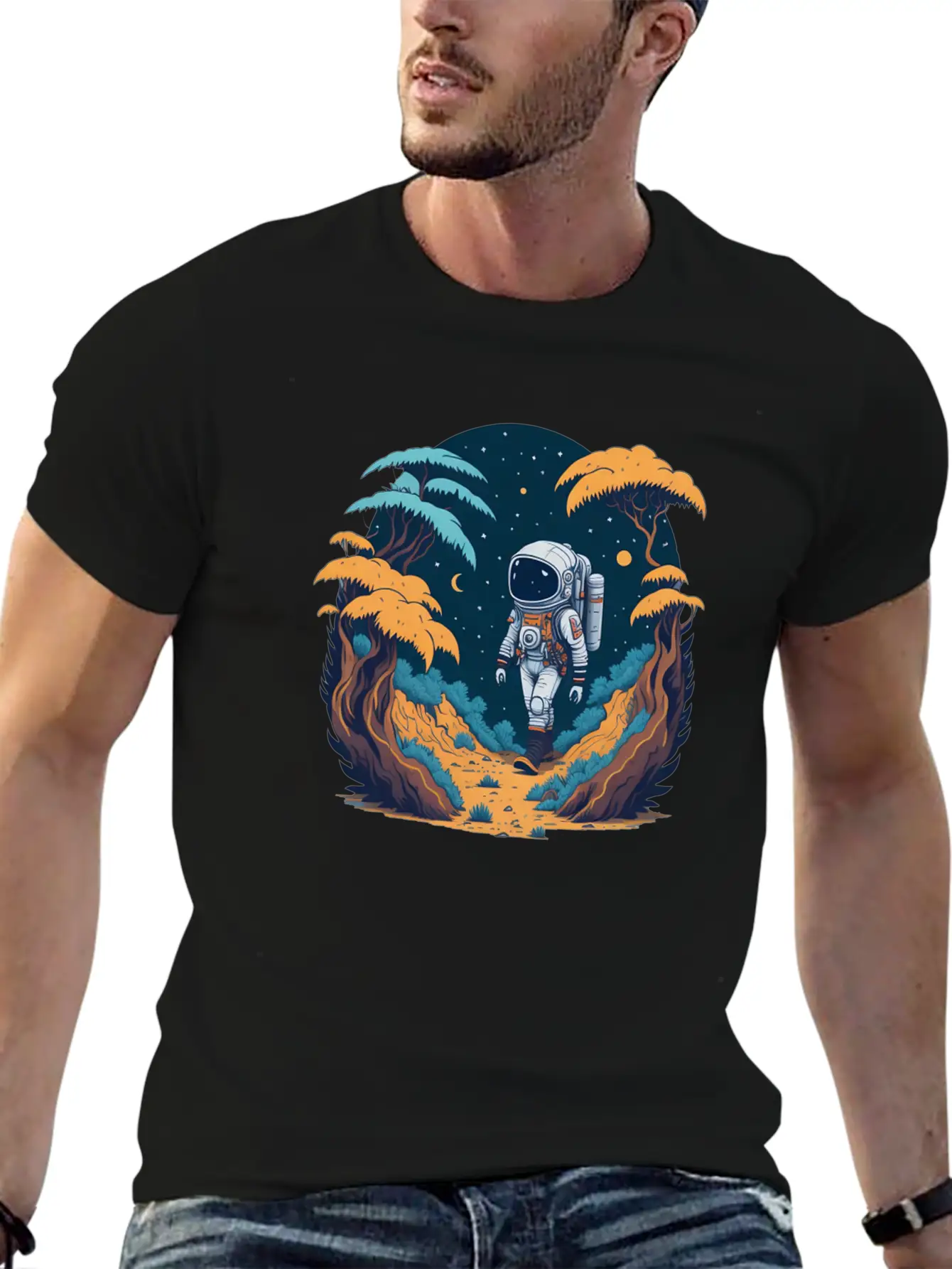Astronaut Walking In The Jungle Basic Graphic T-Shirt – Daily Comfort In Soft Cotton