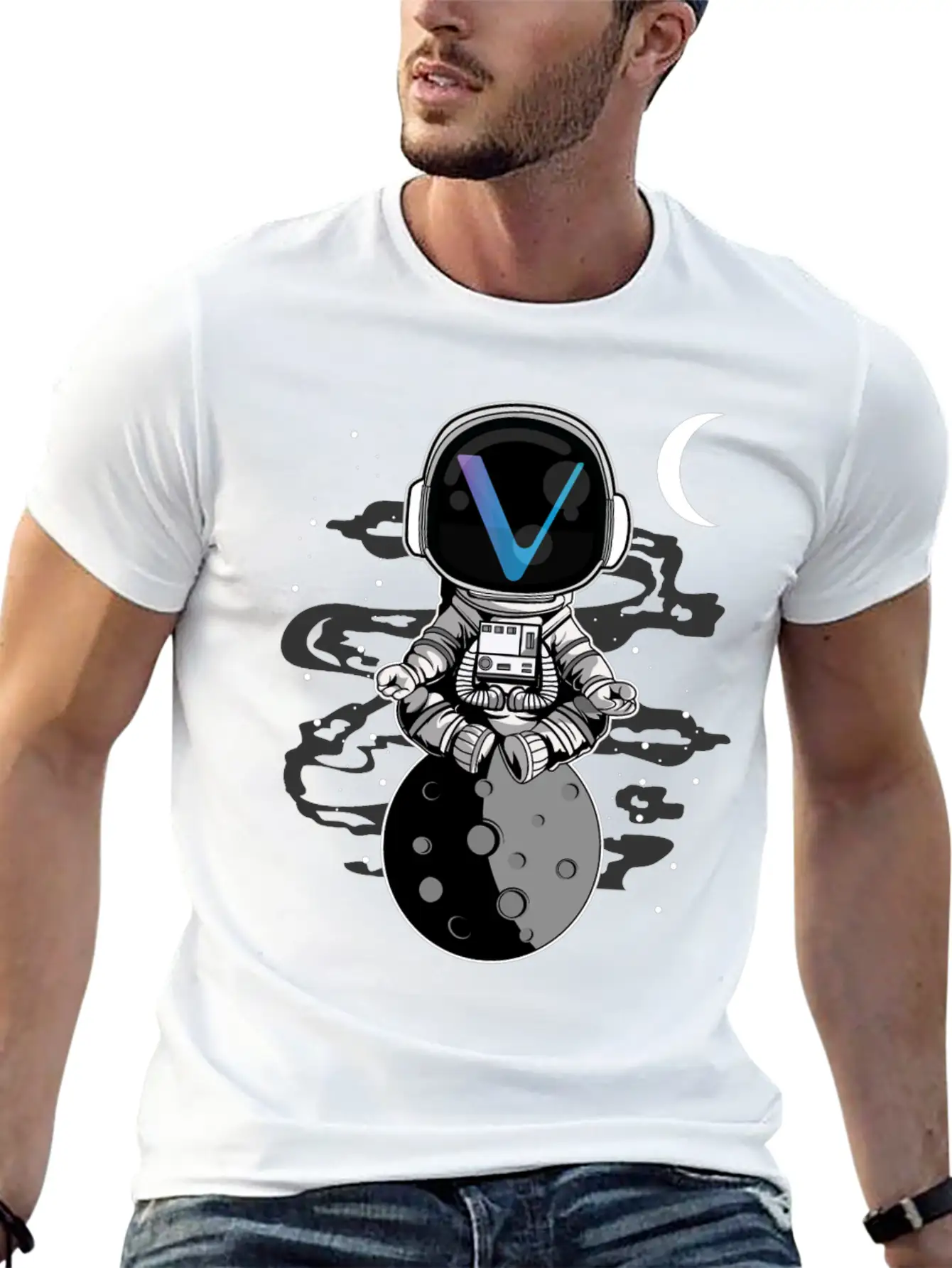 Astronaut Yoga Vechain VET To The Moon Crypto Essential Unisex Summer Tee – Soft Cotton Casual Fit