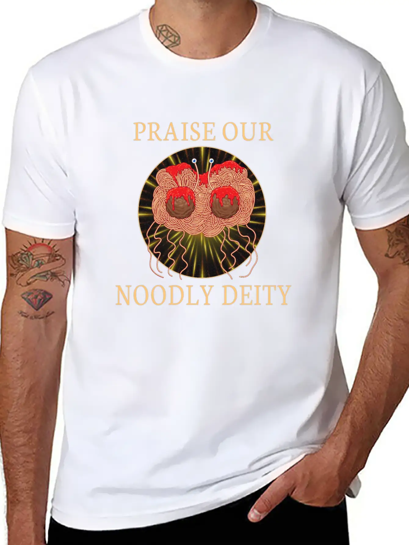 Atheist Atheism Flying Spaghetti Pastafarianism Stylish Everyday T-Shirt – Unisex Basic Cotton Tee