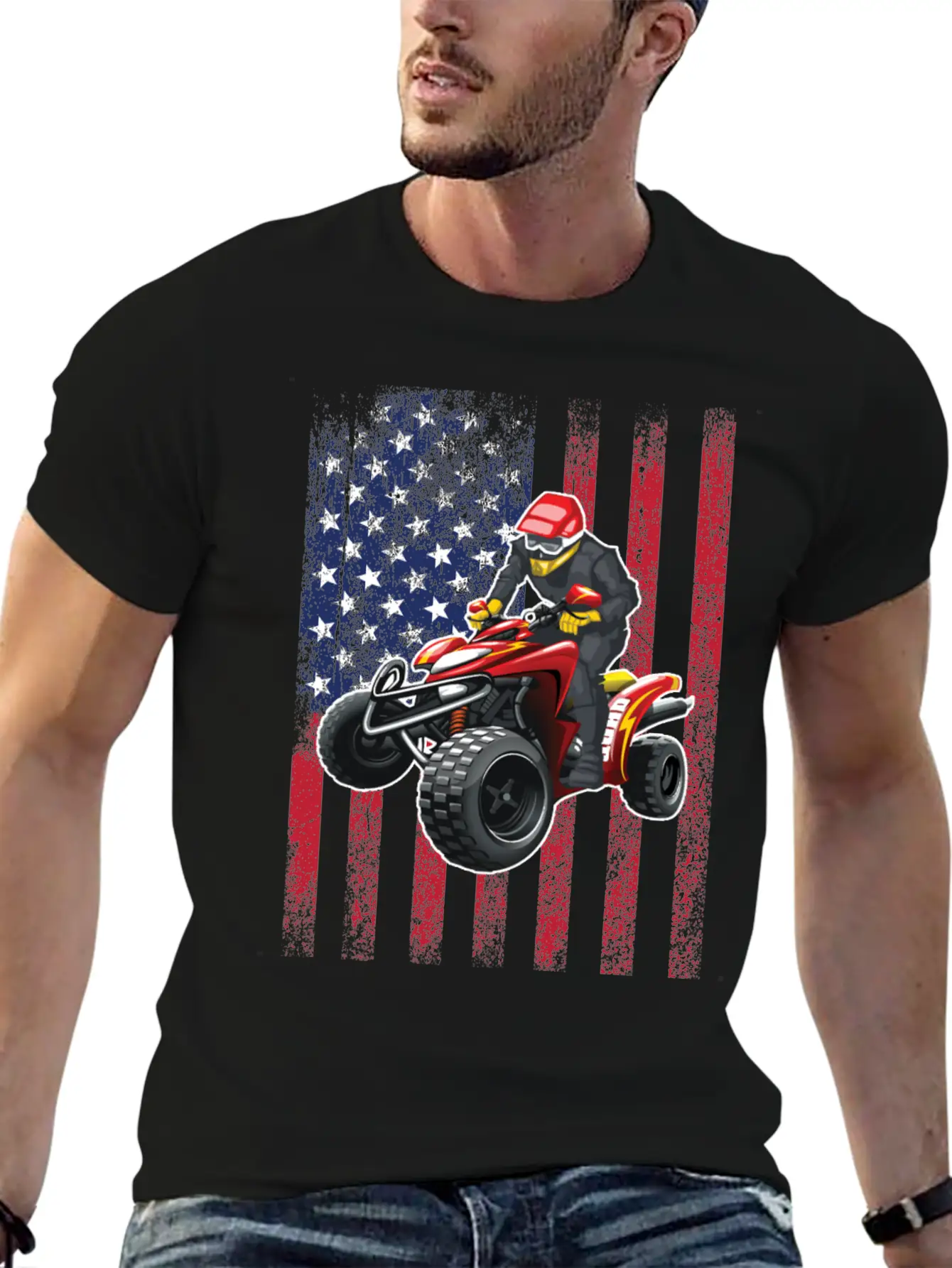 ATV Quad Biking USA Flag Design Unisex Short Sleeve Soft Cotton T-Shirt – Casual Everyday Wear