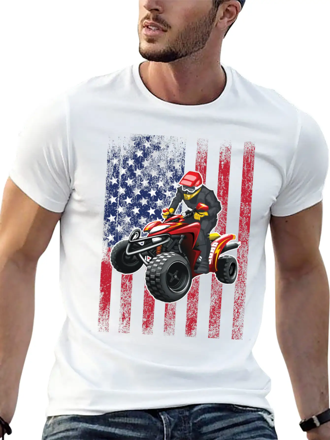ATV Quad Biking USA Flag Design Unisex Short Sleeve Soft Cotton T-Shirt – Casual Everyday Wear