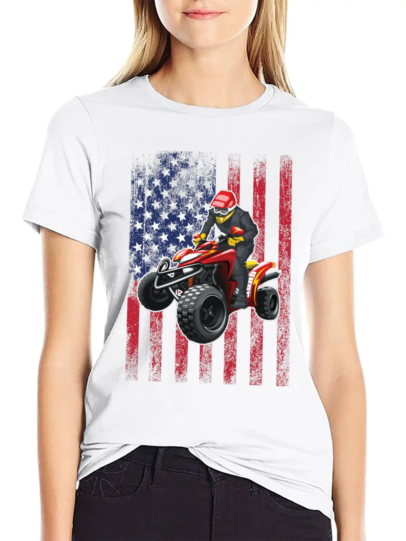 ATV Quad Biking USA Flag Design Unisex Short Sleeve Soft Cotton T-Shirt – Casual Everyday Wear