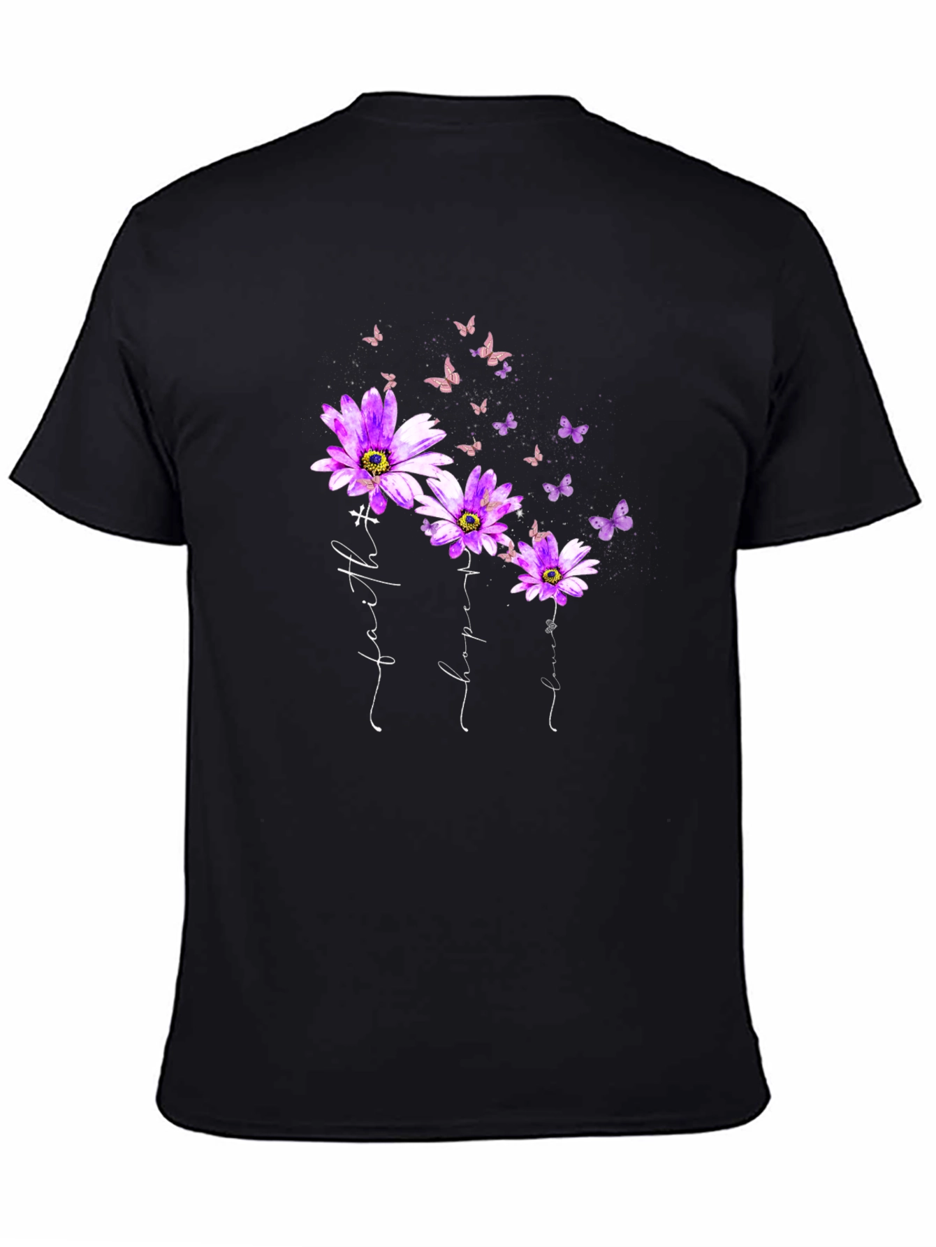 Faith Hope Love Butterfly Flower Black T-Shirt