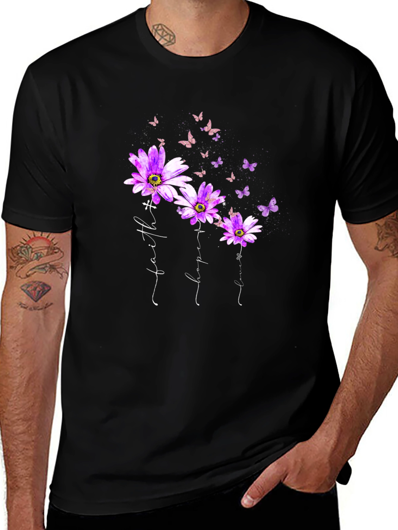 Faith Hope Love Butterfly Flower Black T-Shirt