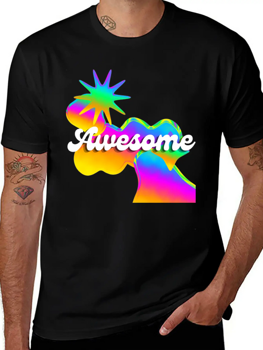 "Awesome" Retro Neon Shapes Design Stylish Everyday T-Shirt – Unisex Basic Cotton Tee