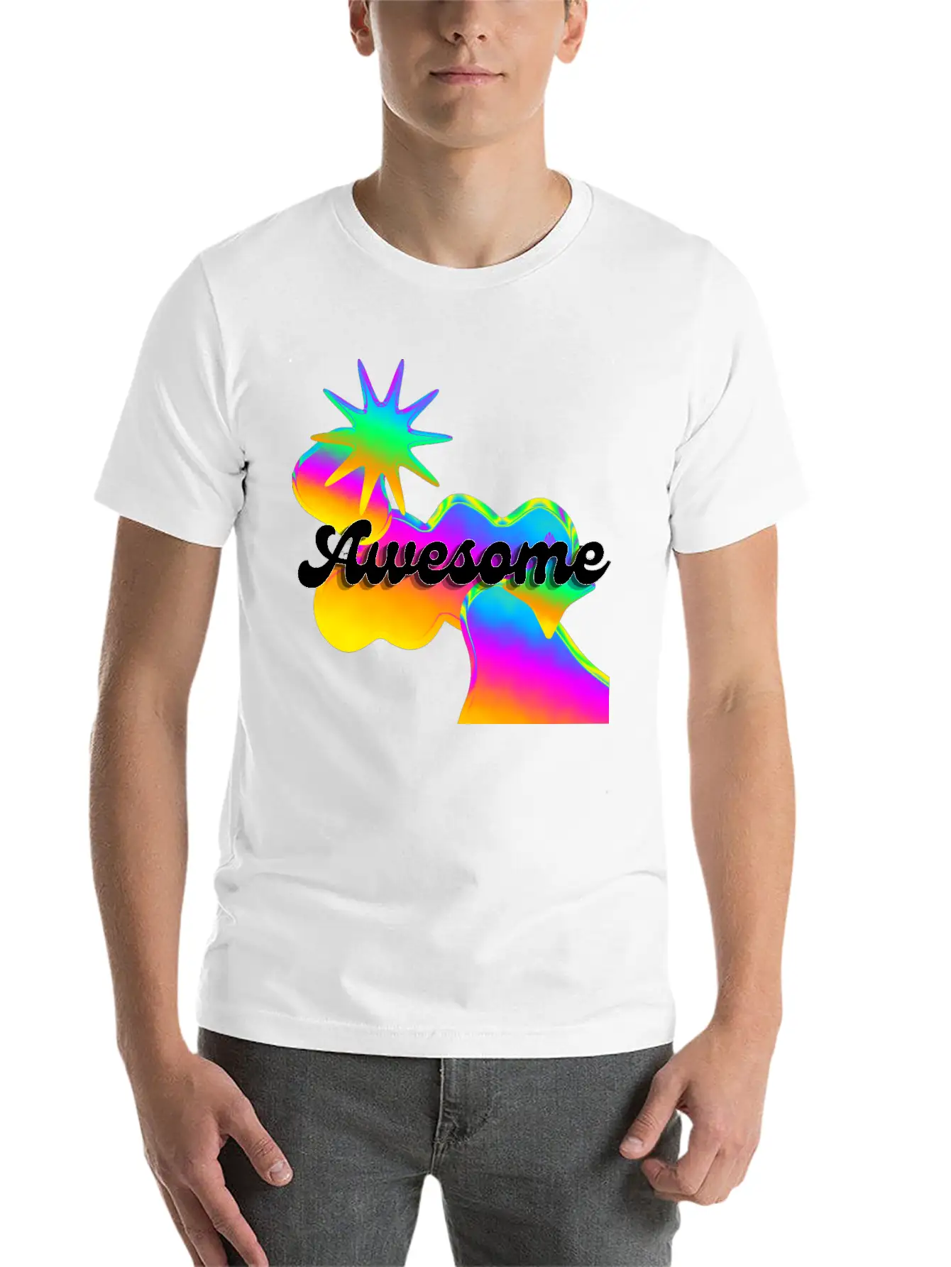 "Awesome" Retro Neon Shapes Design Stylish Everyday T-Shirt – Unisex Basic Cotton Tee