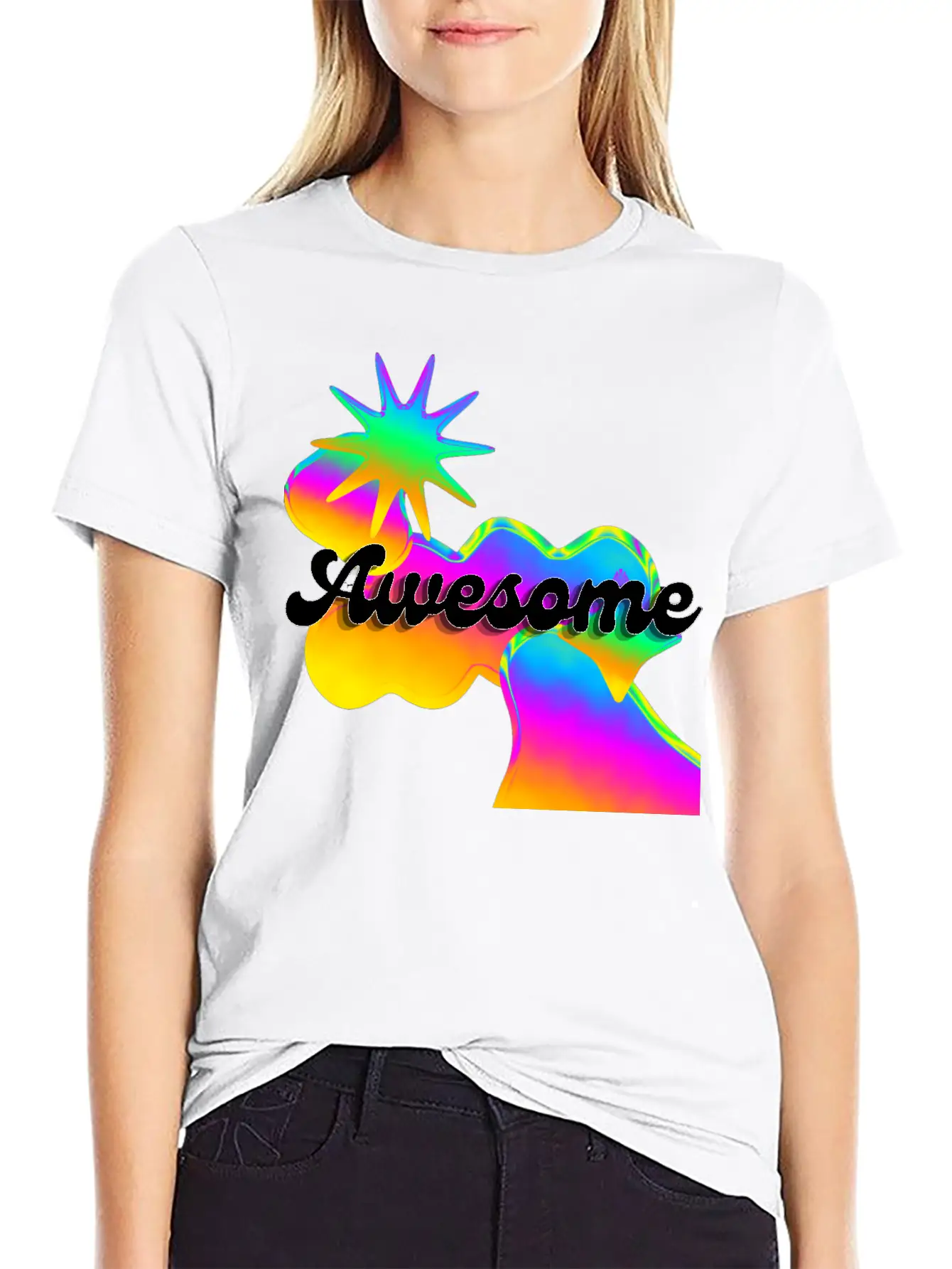 "Awesome" Retro Neon Shapes Design Stylish Everyday T-Shirt – Unisex Basic Cotton Tee