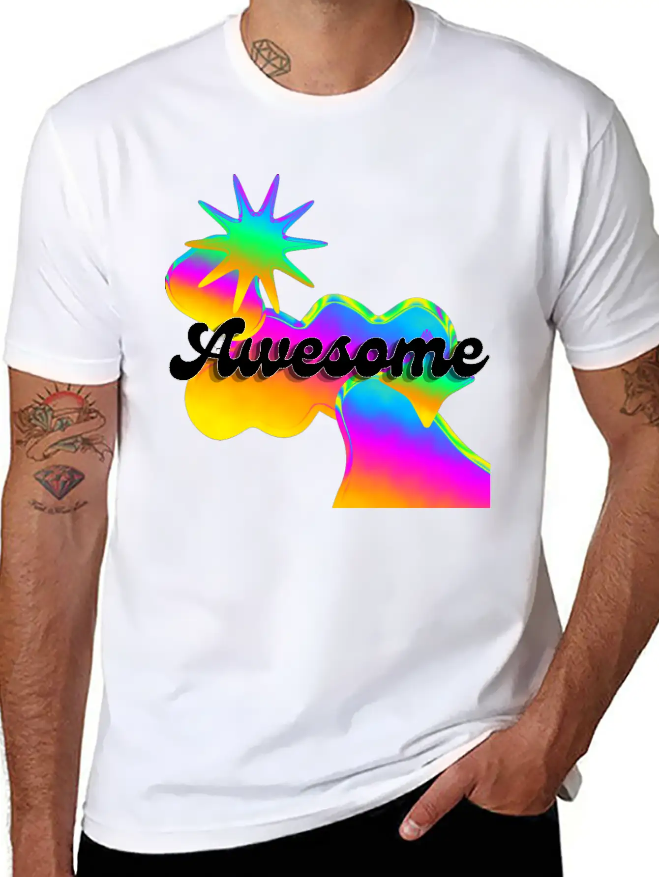"Awesome" Retro Neon Shapes Design Stylish Everyday T-Shirt – Unisex Basic Cotton Tee